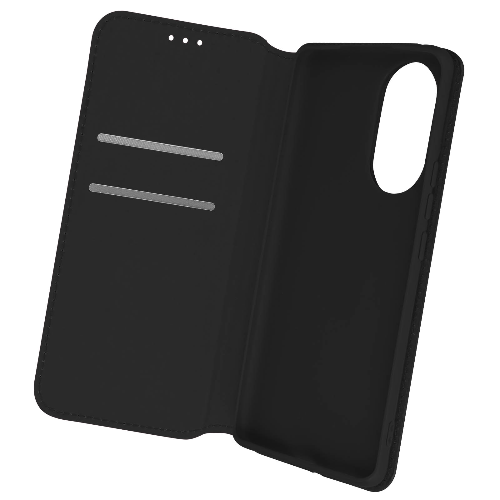 Coque de téléphone noire, ouverte. Intérieur avec emplacements pour cartes et téléphone.