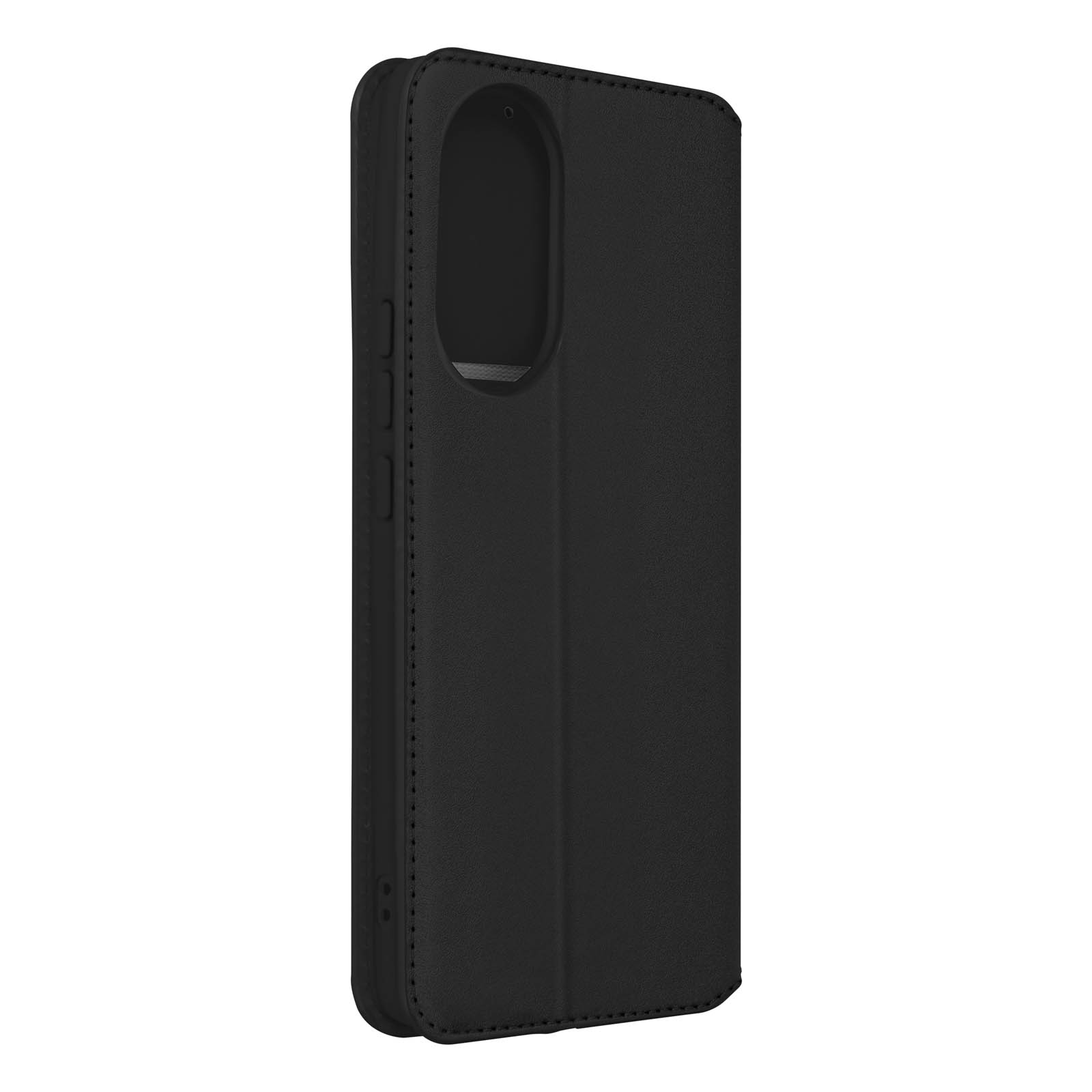 Coque de téléphone noire, fermée, en biais. Arrière-plan flou.