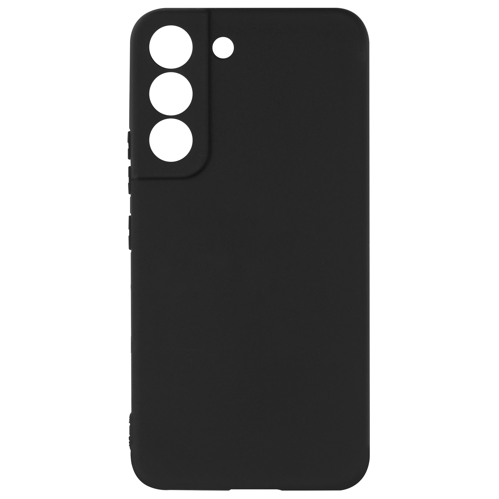 Custodia nera con tre fori per fotocamera. Design nero semplice.