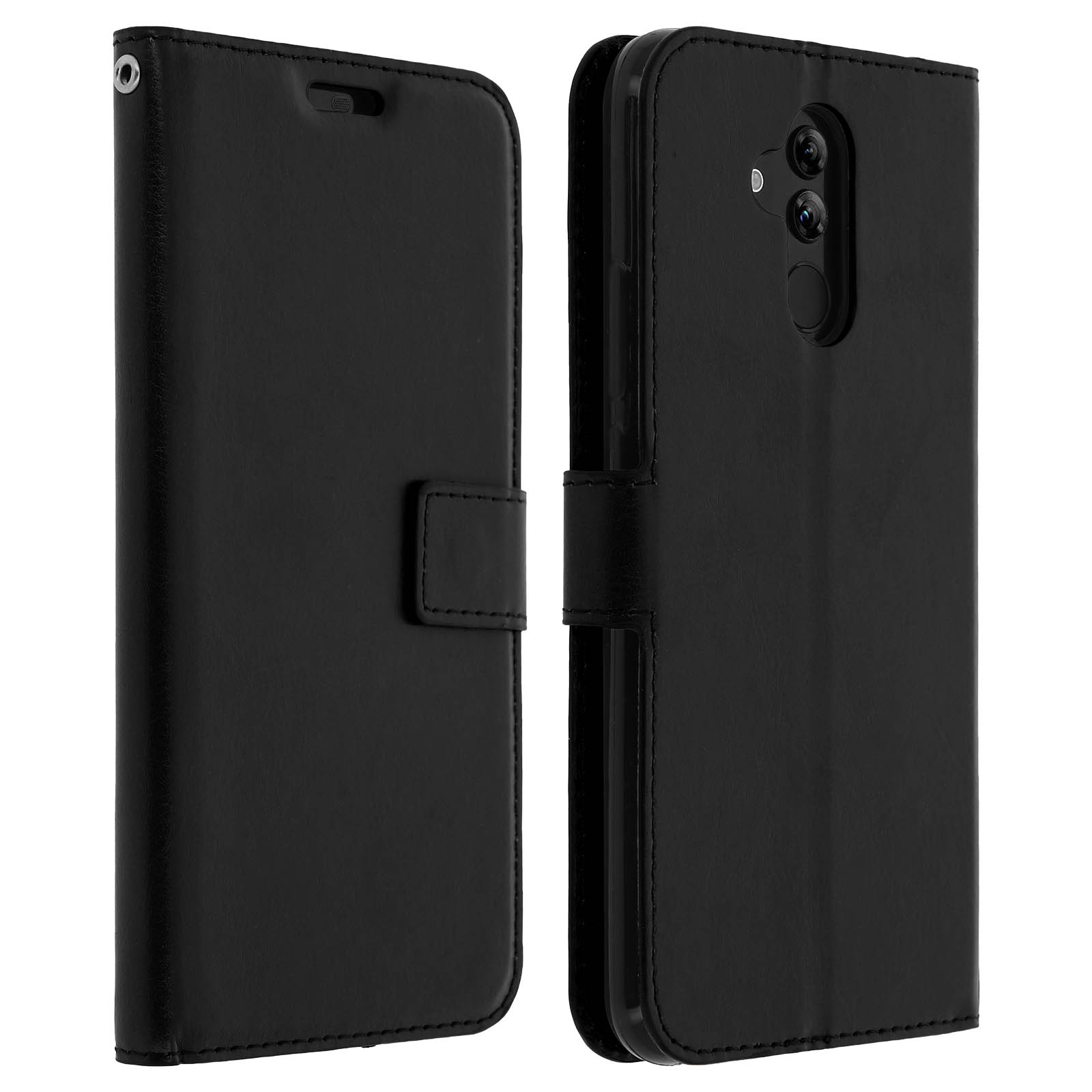 Custodia per telefono nera, aperta, con telefono all'interno. Chiusura magnetica.