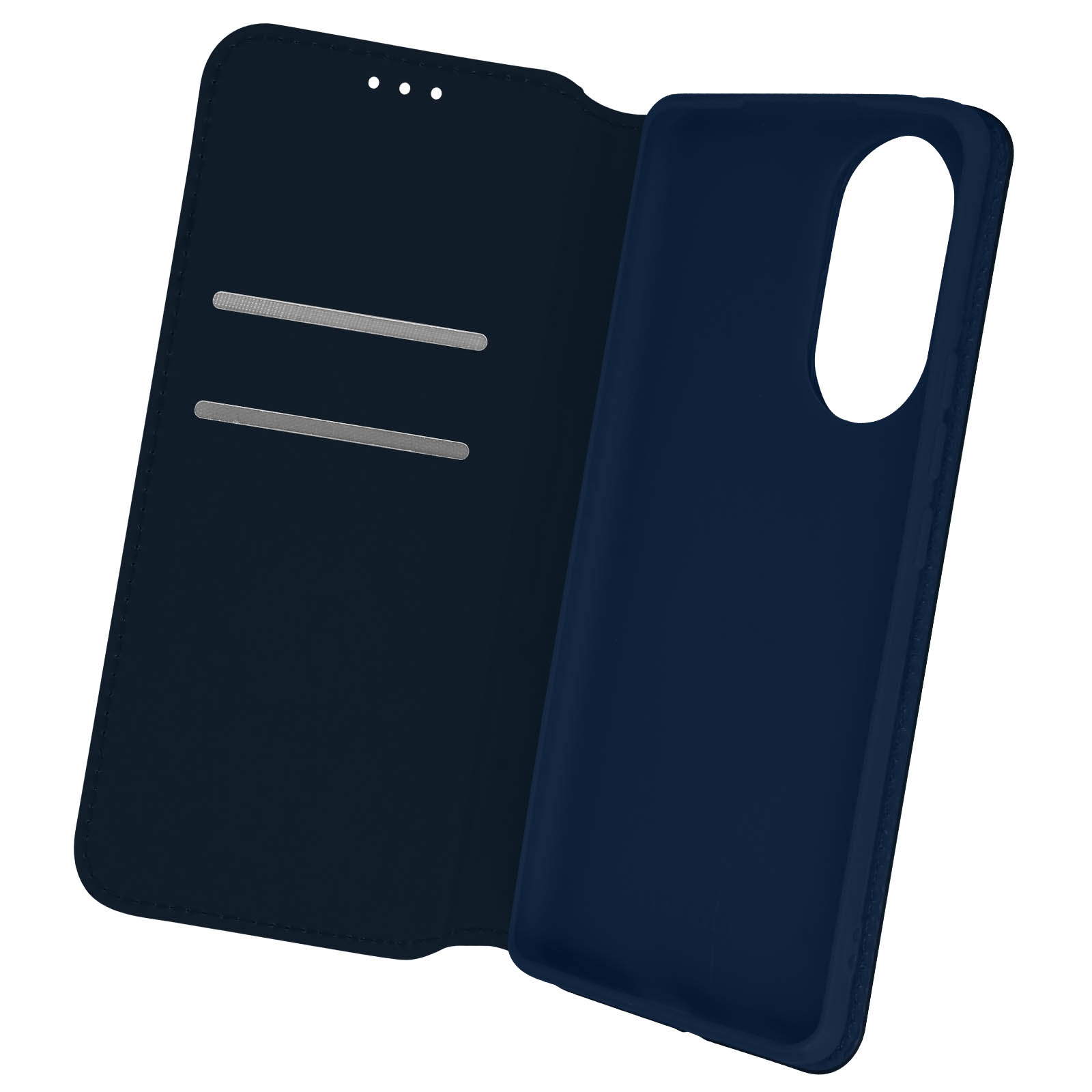 Custodia blu scuro, aperta, con telefono. Due fessure per carte.