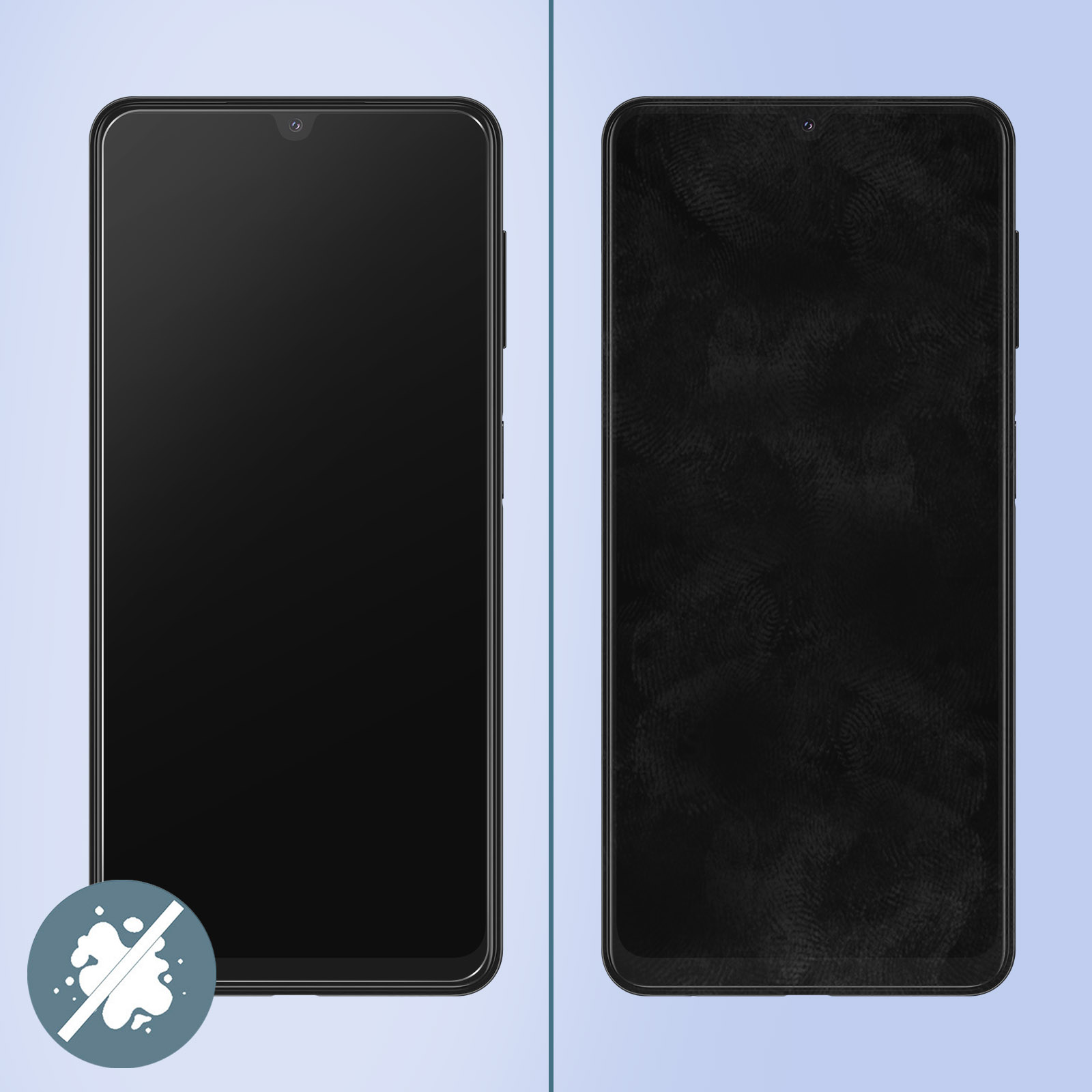 Due telefoni neri fianco a fianco. Uno pulito, uno con impronte digitali. Sfondo azzurro.