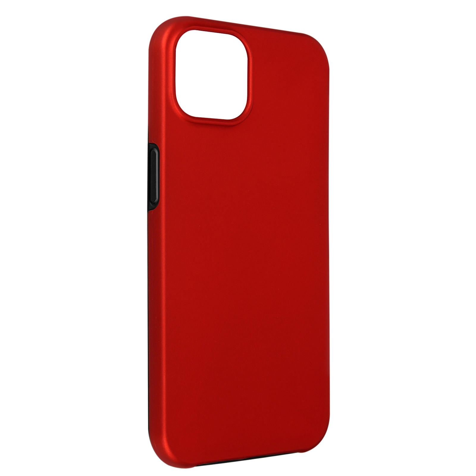 Custodia rossa per telefono con ritaglio fotocamera, pulsante laterale nero. Sfondo bianco.