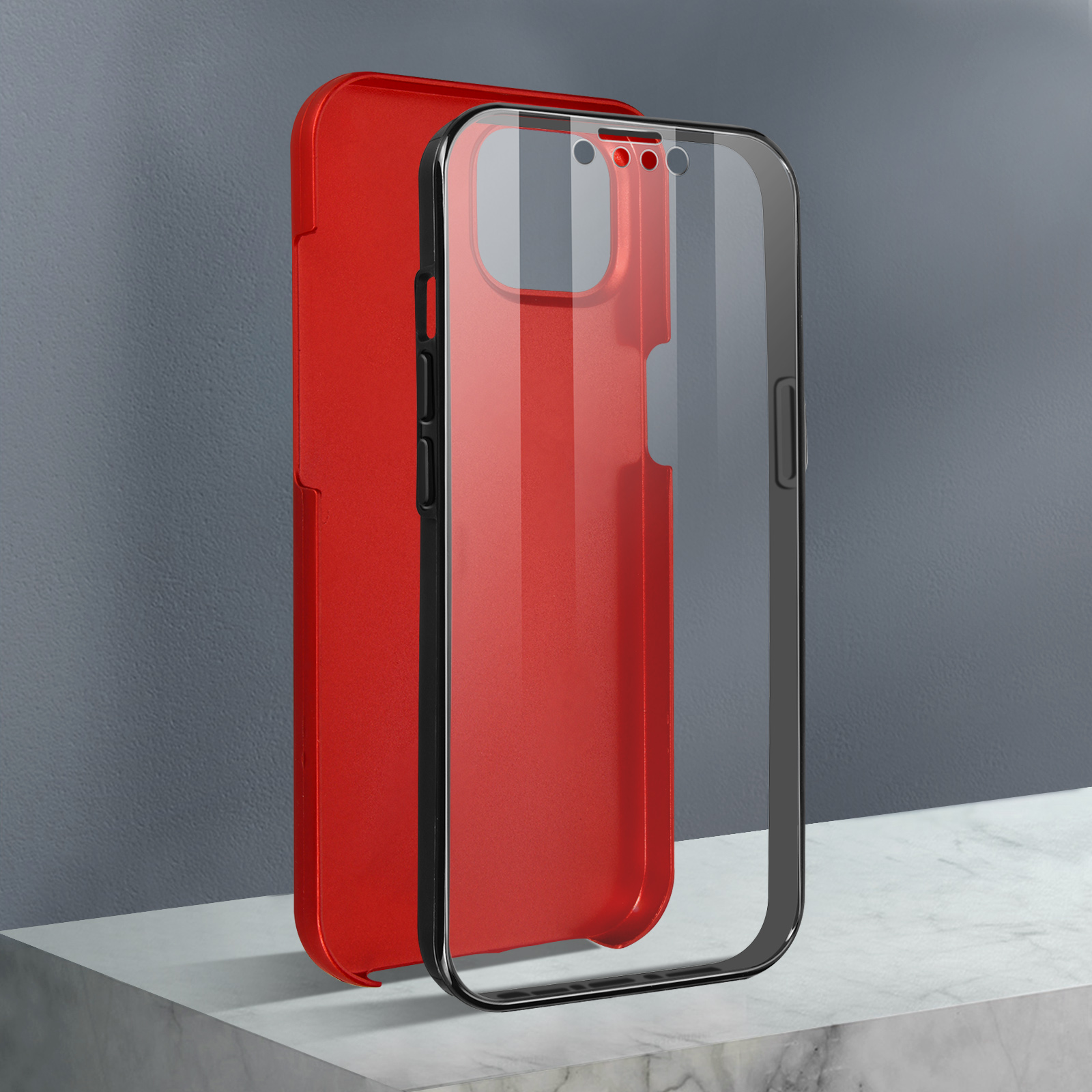 Custodia per telefono rossa con contorno nero. Copertura trasparente sul lato destro. Sfondo grigio.