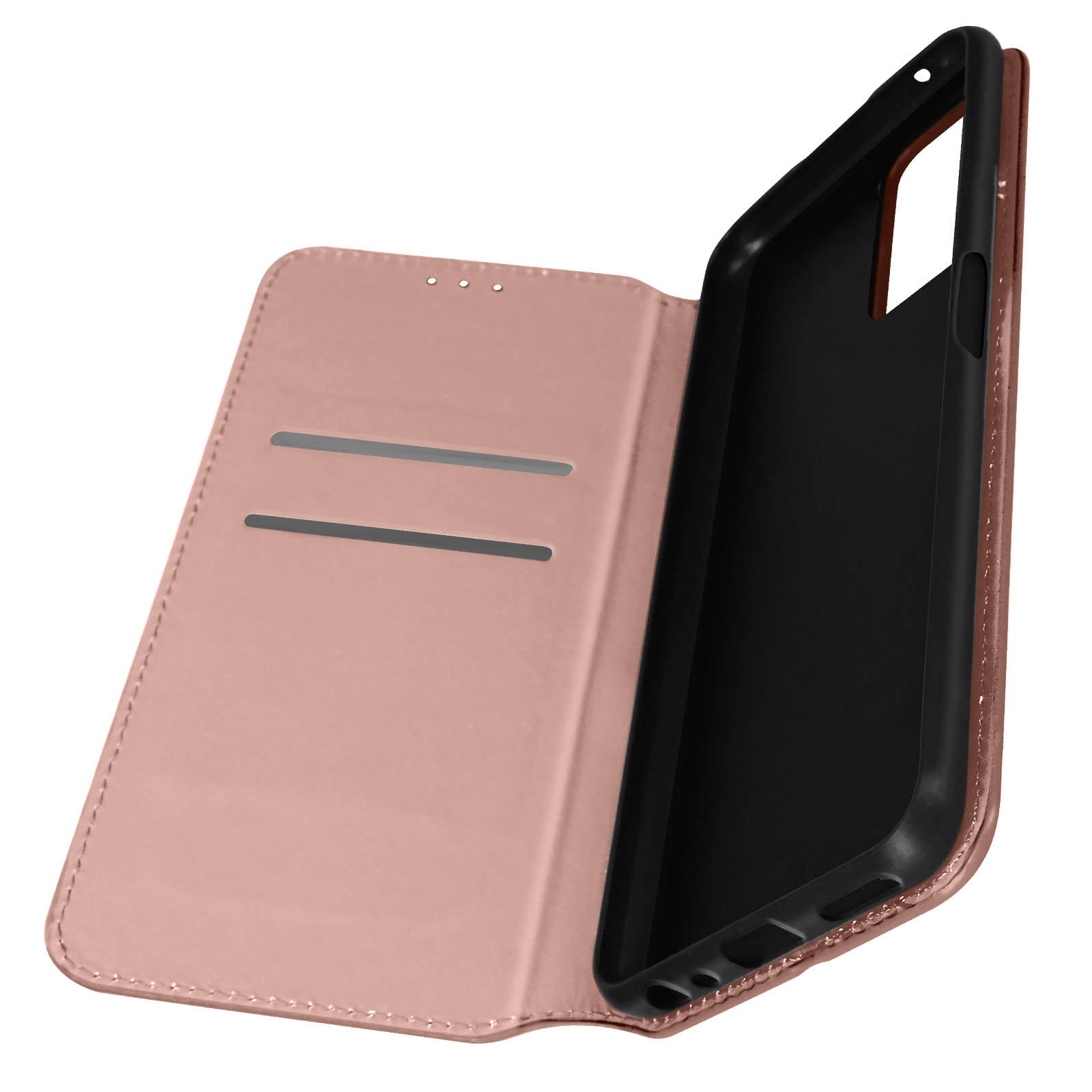 Étui de téléphone rose ouvert, incliné, montrant l'intérieur du téléphone et les découpes de la caméra.