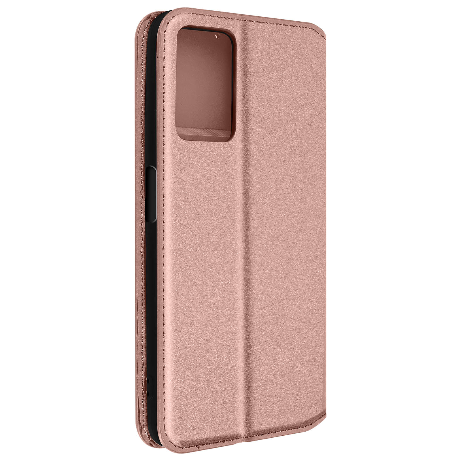 Coque de téléphone or rose, fermée. Avec découpe caméra et boutons volume. Intérieur noir.