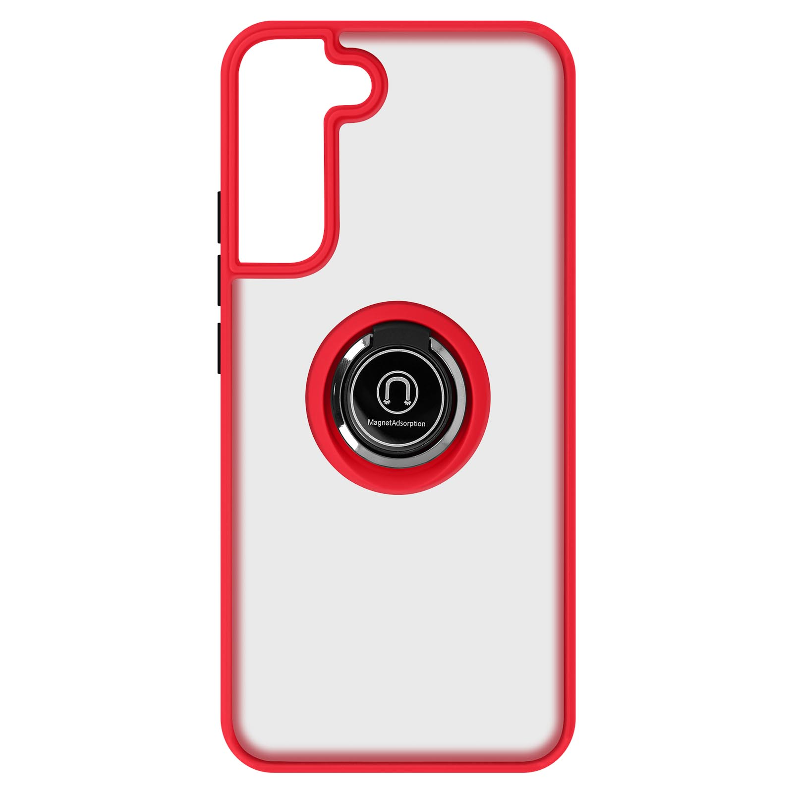 Coque transparente avec cadre rouge et anneau magnétique.