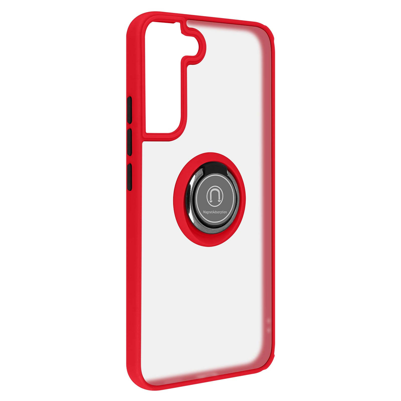 Coque de téléphone rouge et transparente avec anneau argenté. Coque vide.