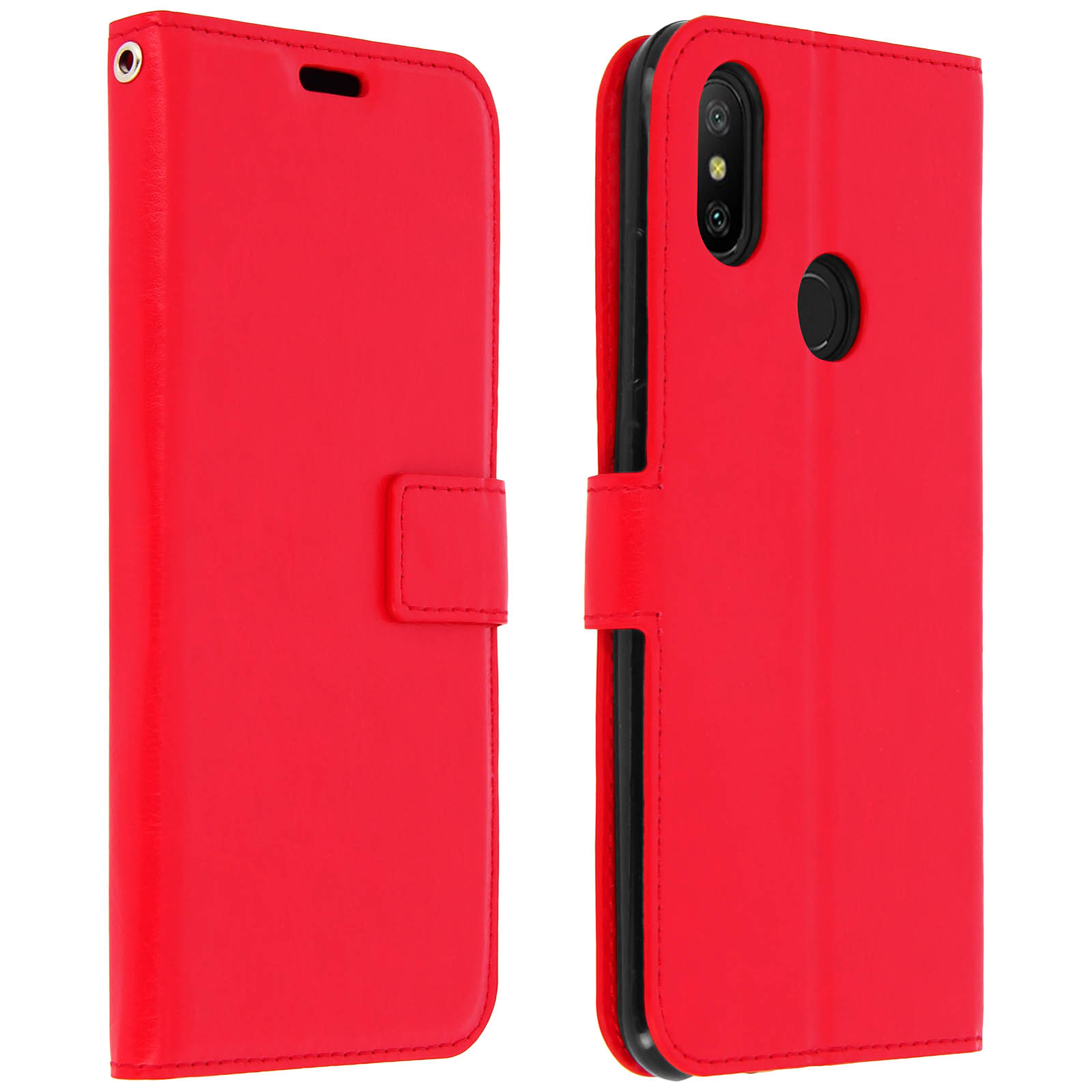 Custodia rossa per telefono, stile portafoglio, aperta. Telefono all'interno. Chiusura con bottone a sinistra.