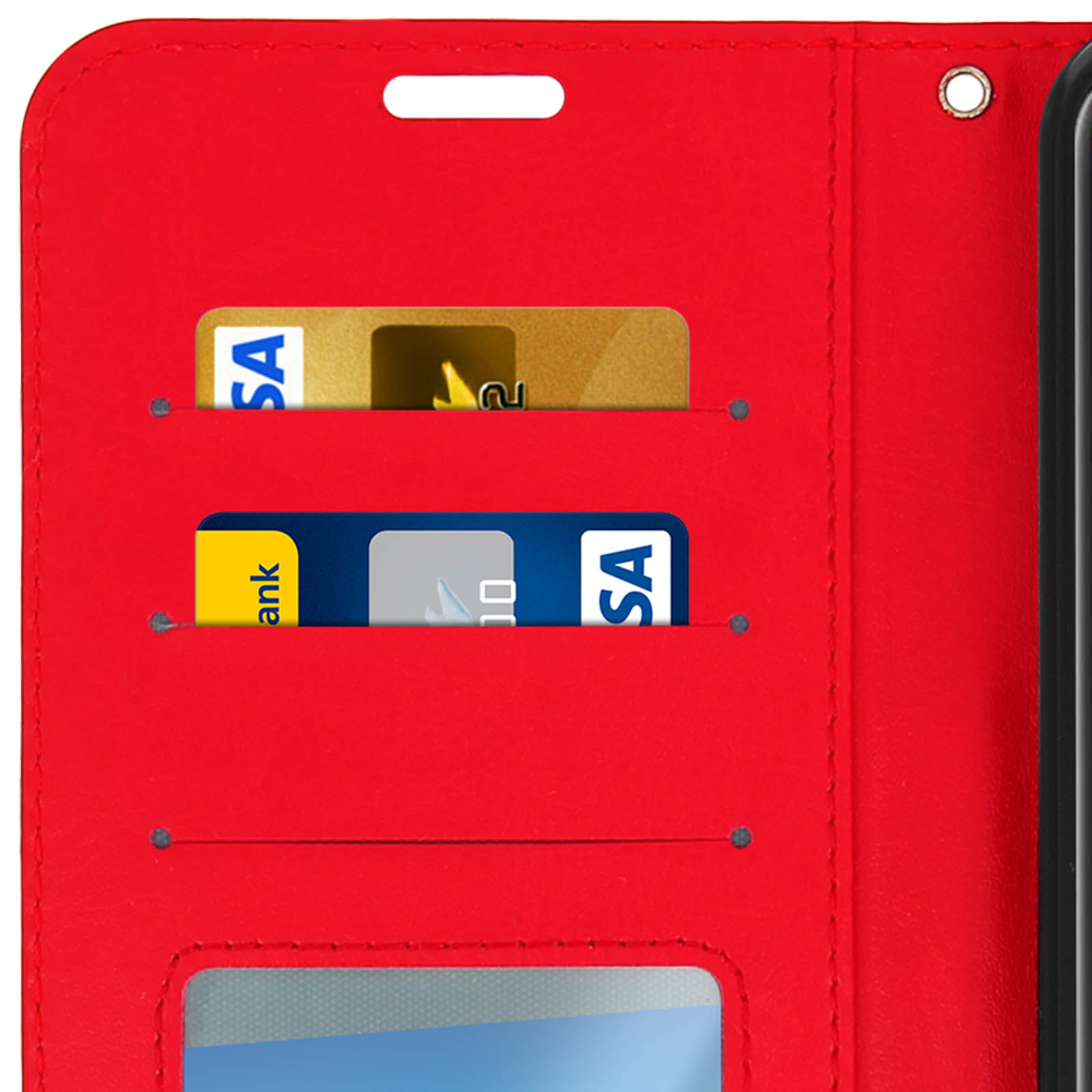 Custodia per telefono rossa a portafoglio aperta, che mostra carte di credito e una finestra trasparente per il telefono.