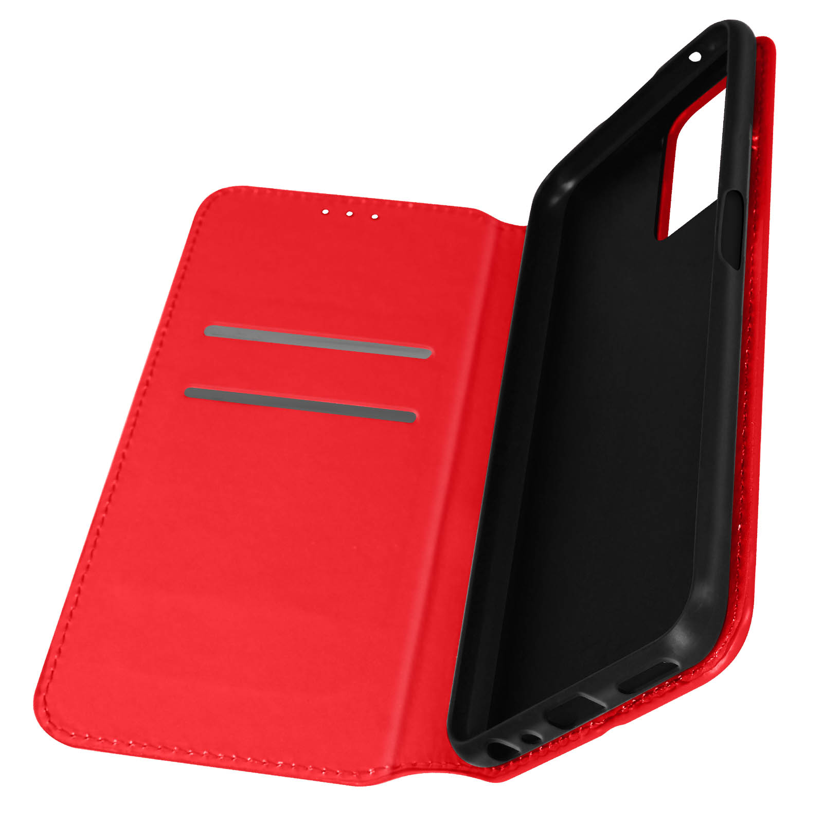 Coque de téléphone rouge ouverte révélant l'intérieur et l'emplacement du téléphone.
