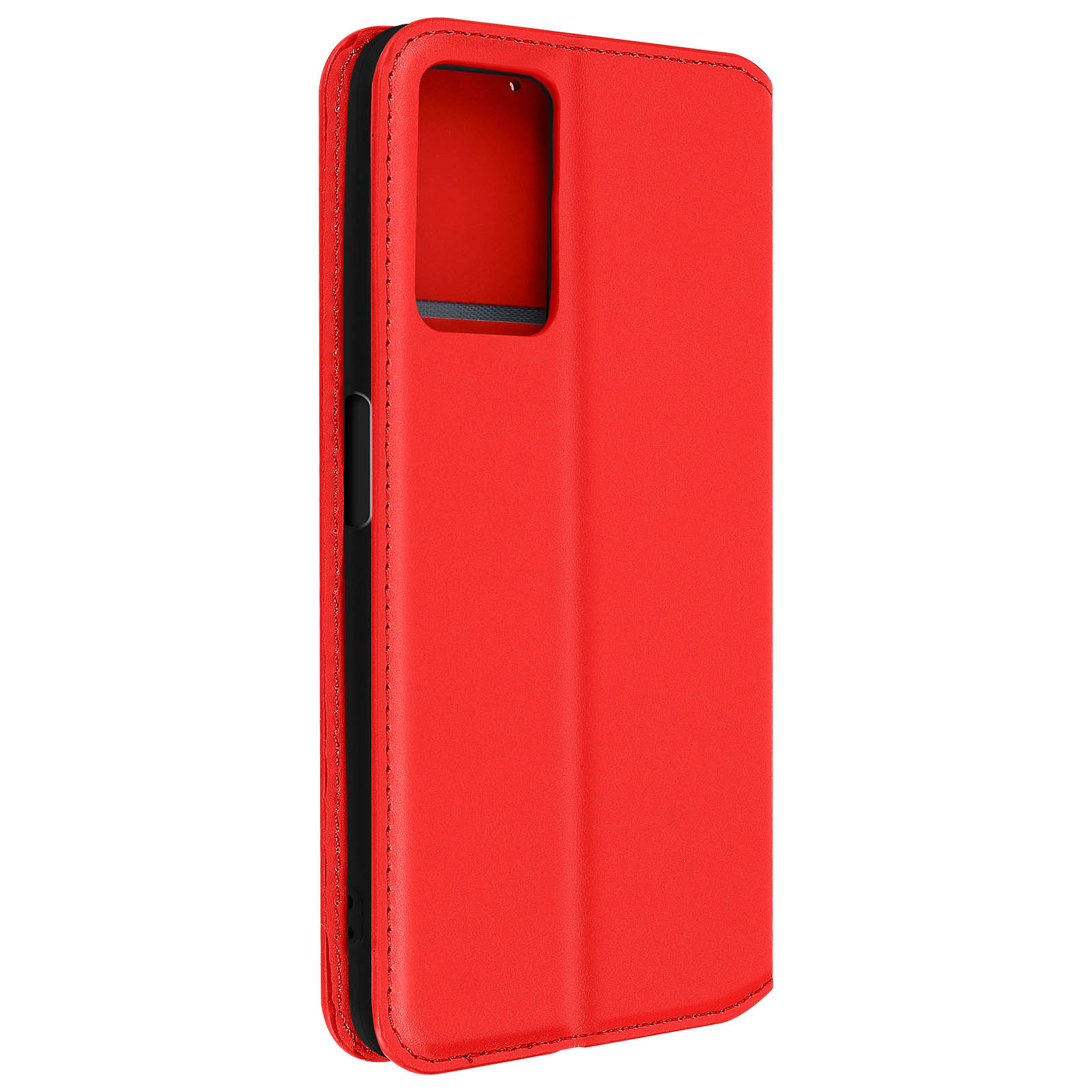 Coque de téléphone rouge fermée. La coque est rouge. Le téléphone est à l'intérieur.