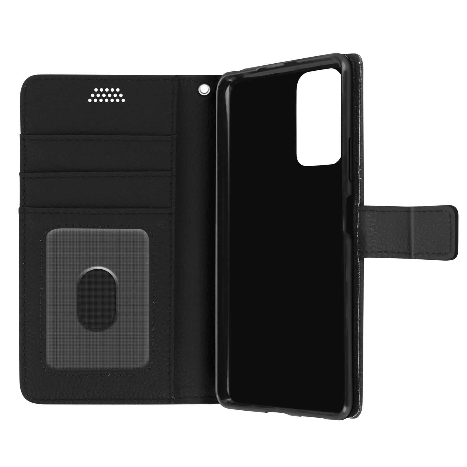 Custodia a portafoglio nera per telefono aperta, con fessure per carte e telefono.