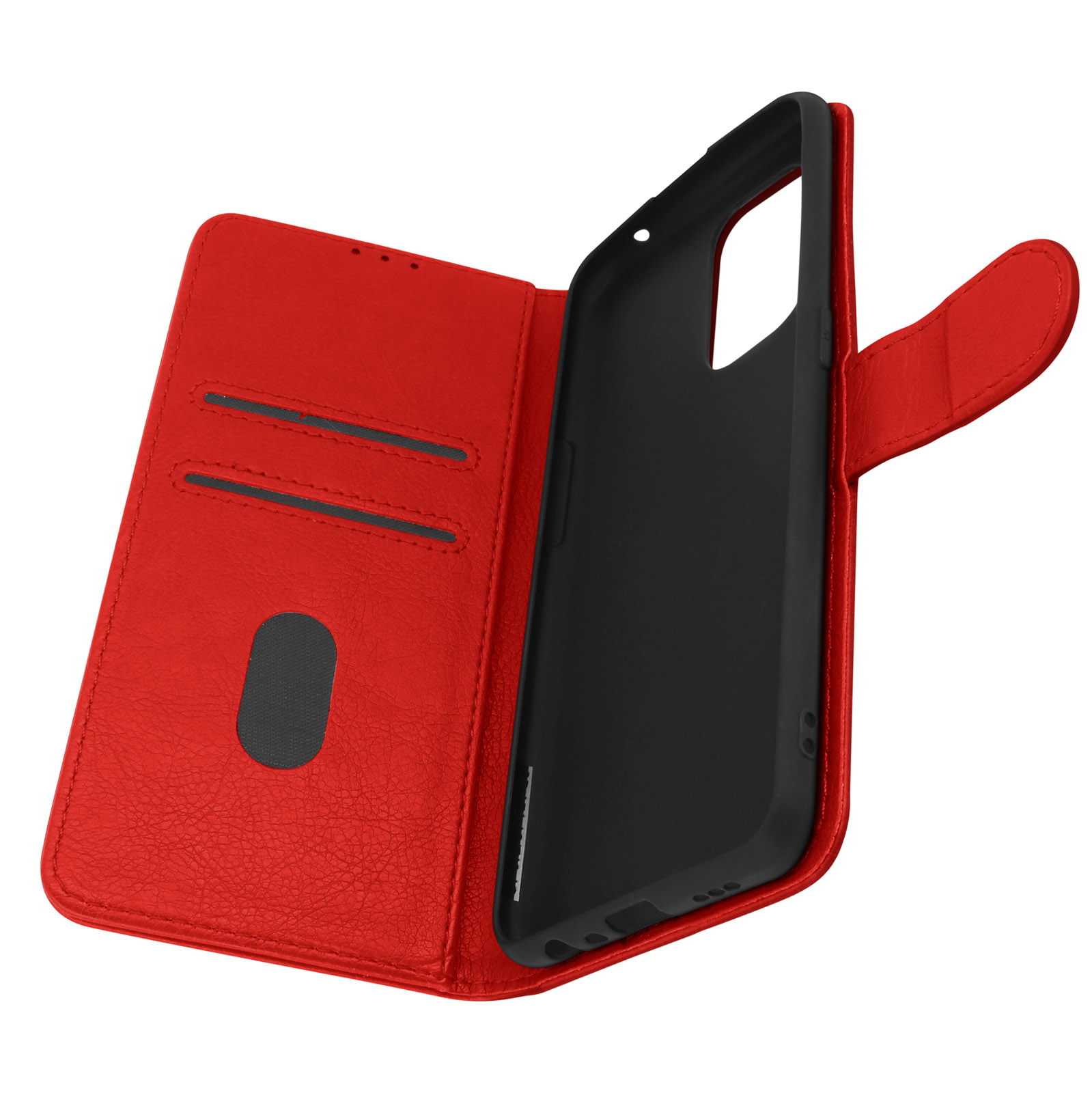 Rode telefoonhoes, open. De binnenkant is zwart, met een kaartsleuf. De hoes heeft een magnetische sluiting.