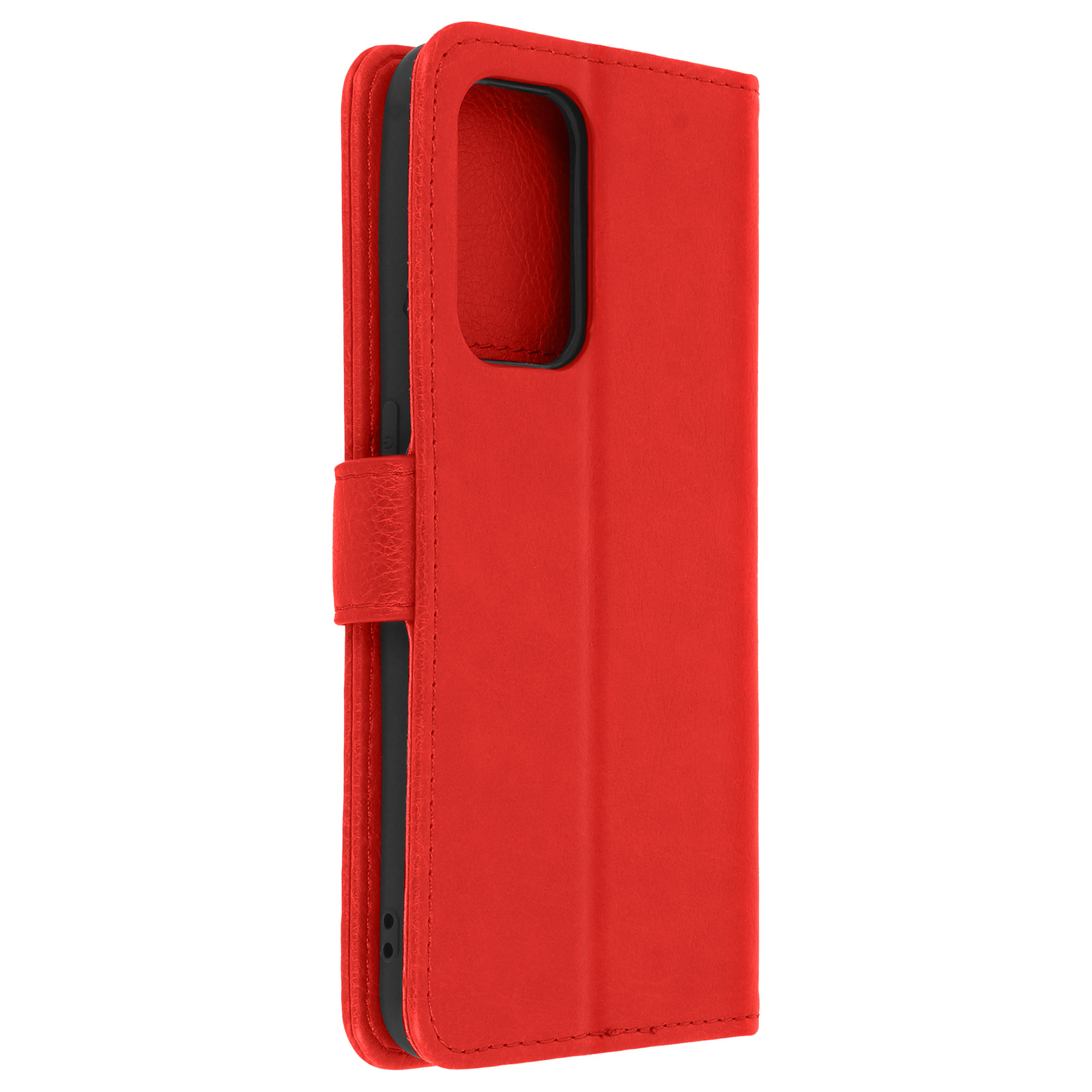 Étui de téléphone rouge ouvert montrant le téléphone. Intérieur noir. Sur une surface blanche.