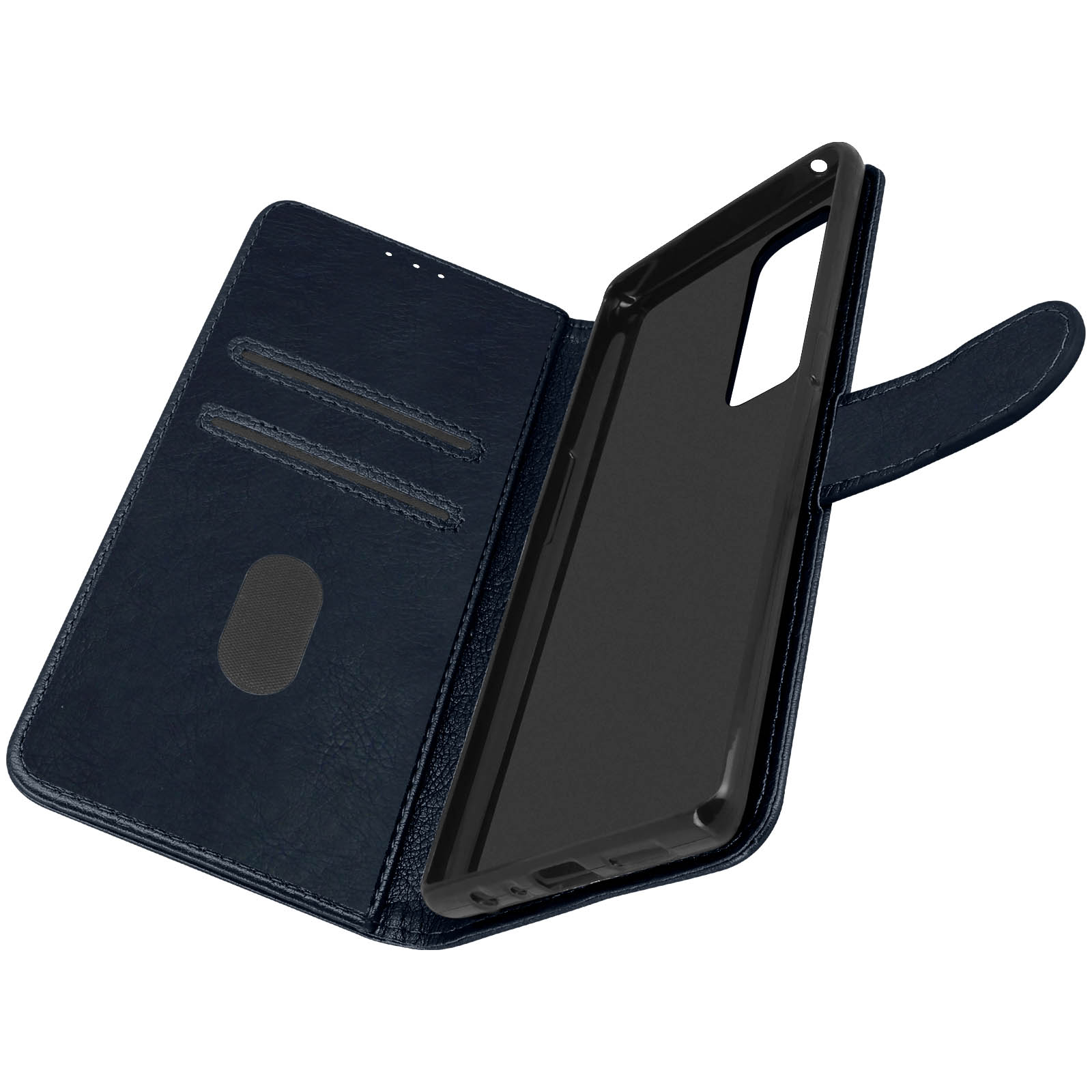 Coque de téléphone bleue, ouverte. L'intérieur est noir. L'étui est sur fond blanc.
