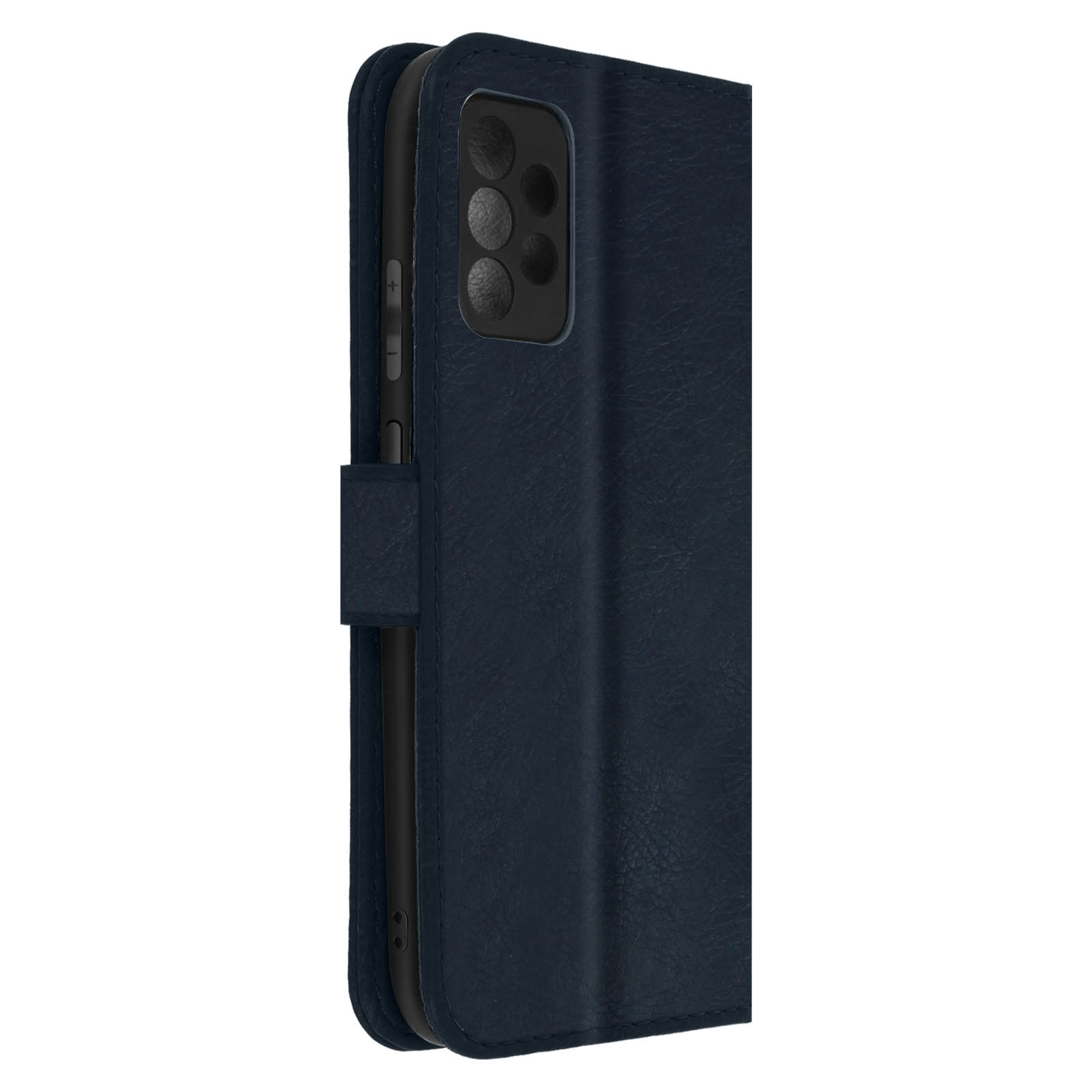 Étui de téléphone bleu marine avec un module caméra. Il est ouvert, montrant le côté du téléphone.