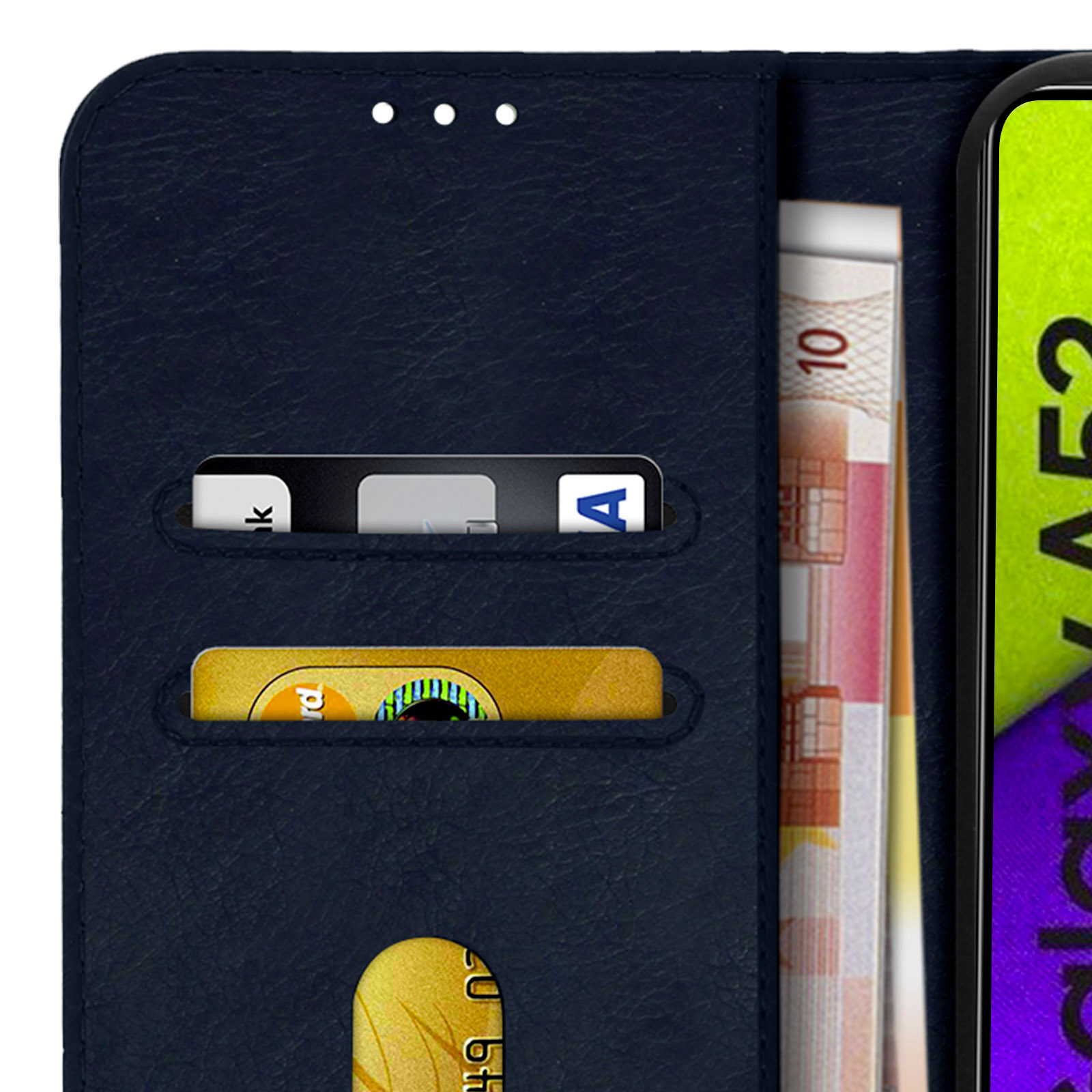 Coque de téléphone avec emplacements pour cartes de crédit et de l'argent à l'intérieur. La coque est bleu foncé.