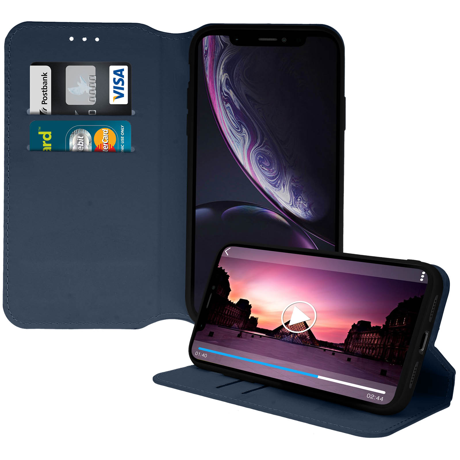 Custodia blu con carte e telefono. Il telefono mostra un video con un pulsante di riproduzione.