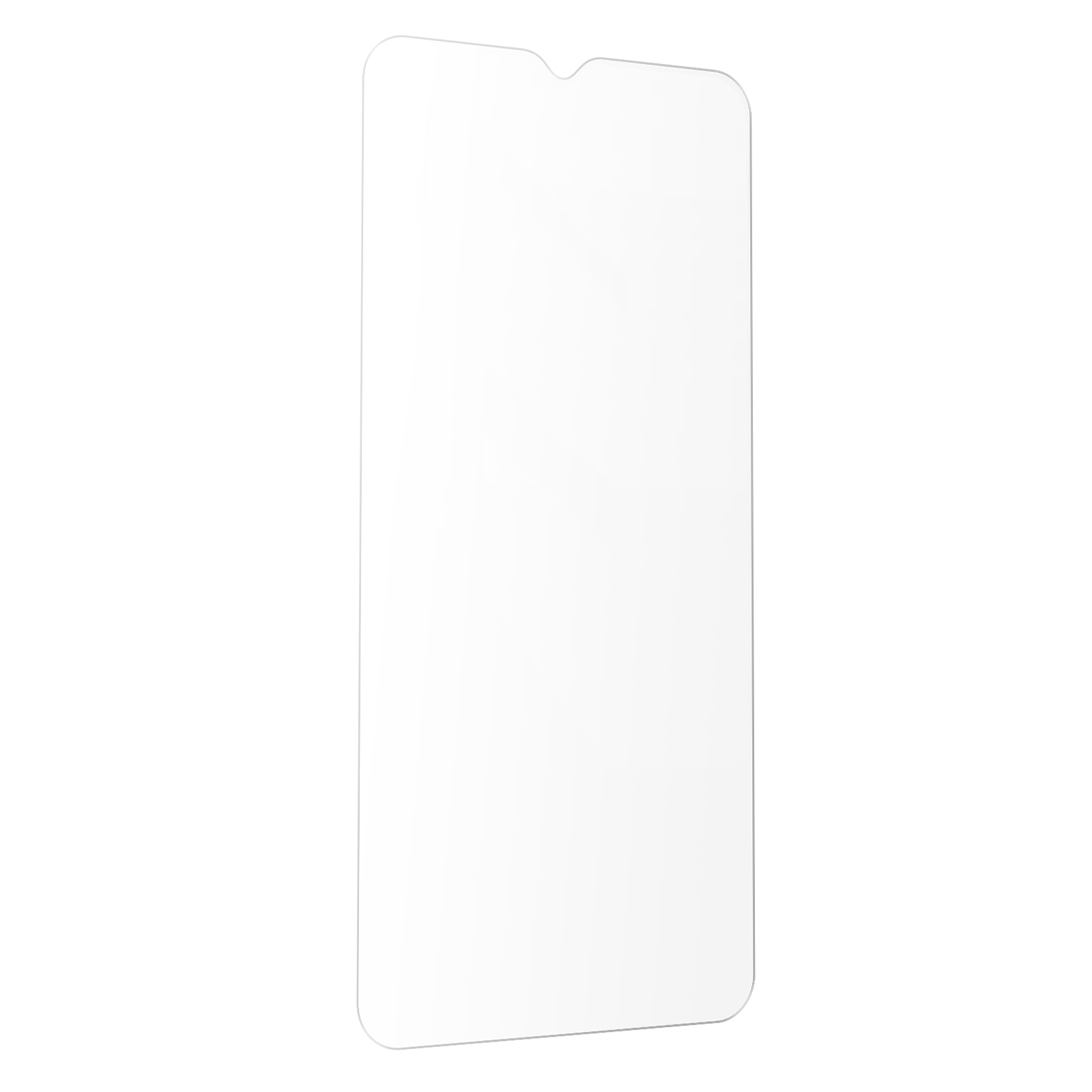 Transparante schermbeschermer voor een telefoon, met een afgeronde bovenrand.