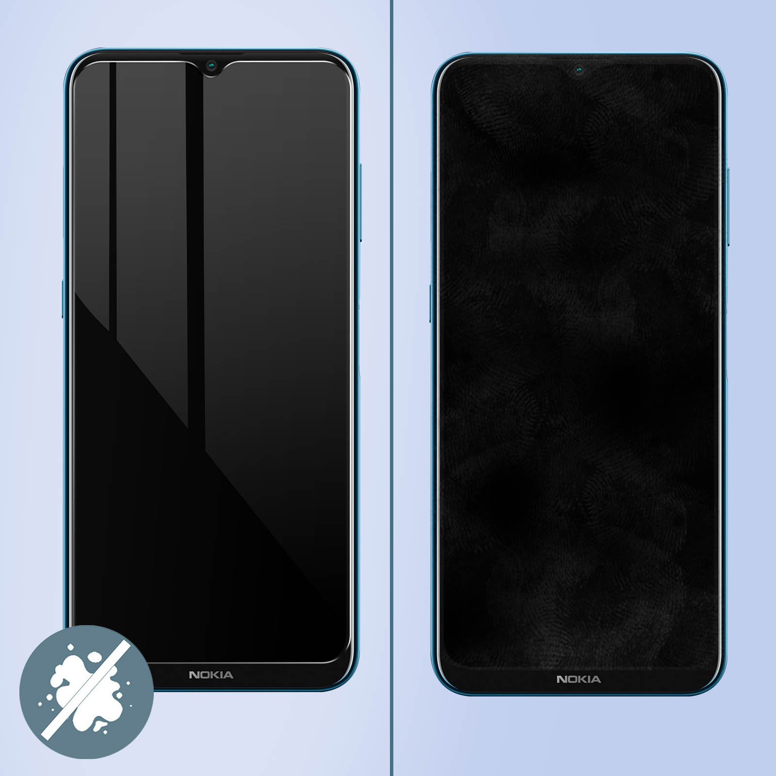 Twee telefoons naast elkaar. Eén met een schermbeschermer en één met een zwart scherm.