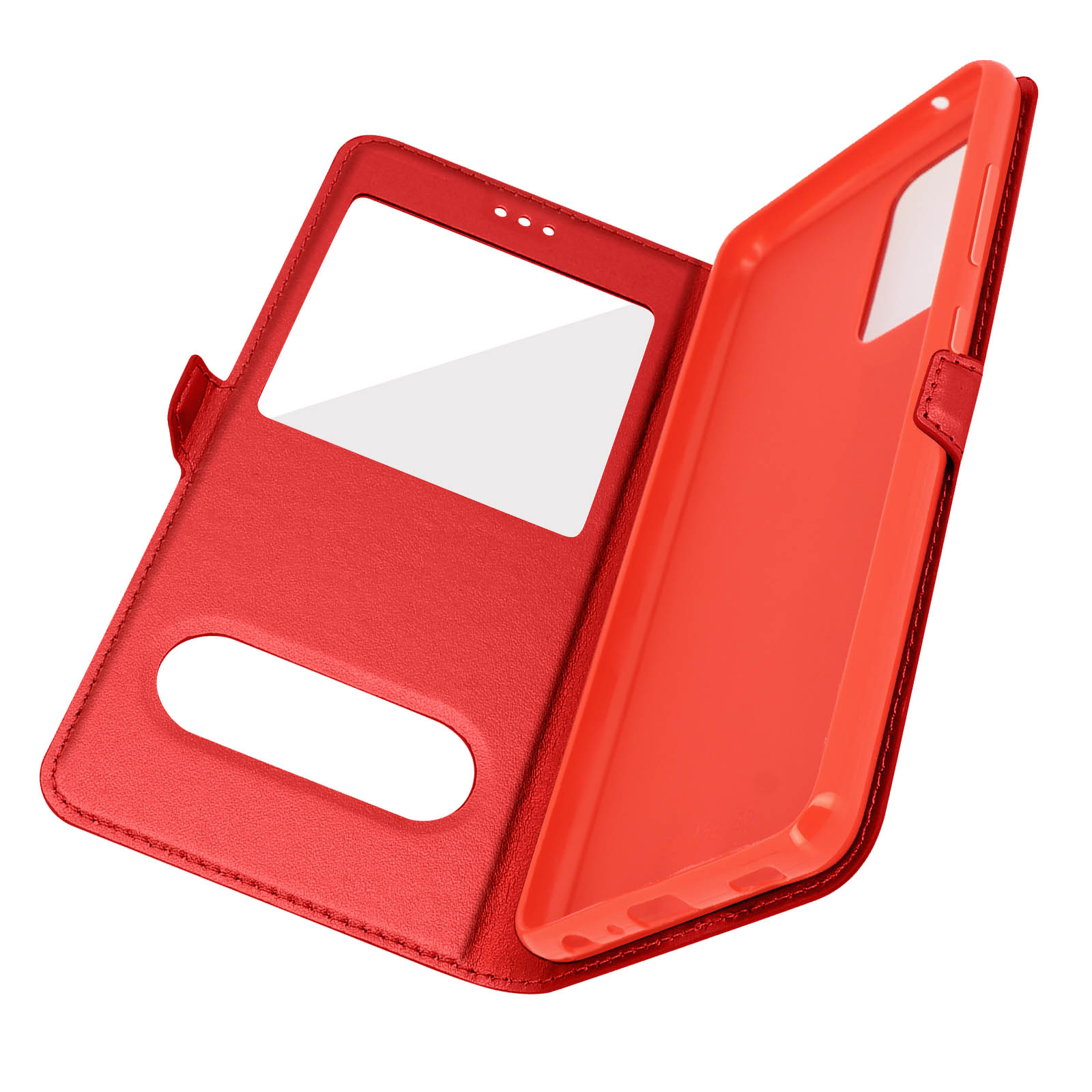 Custodia rossa con telefono all'interno, sfondo bianco.