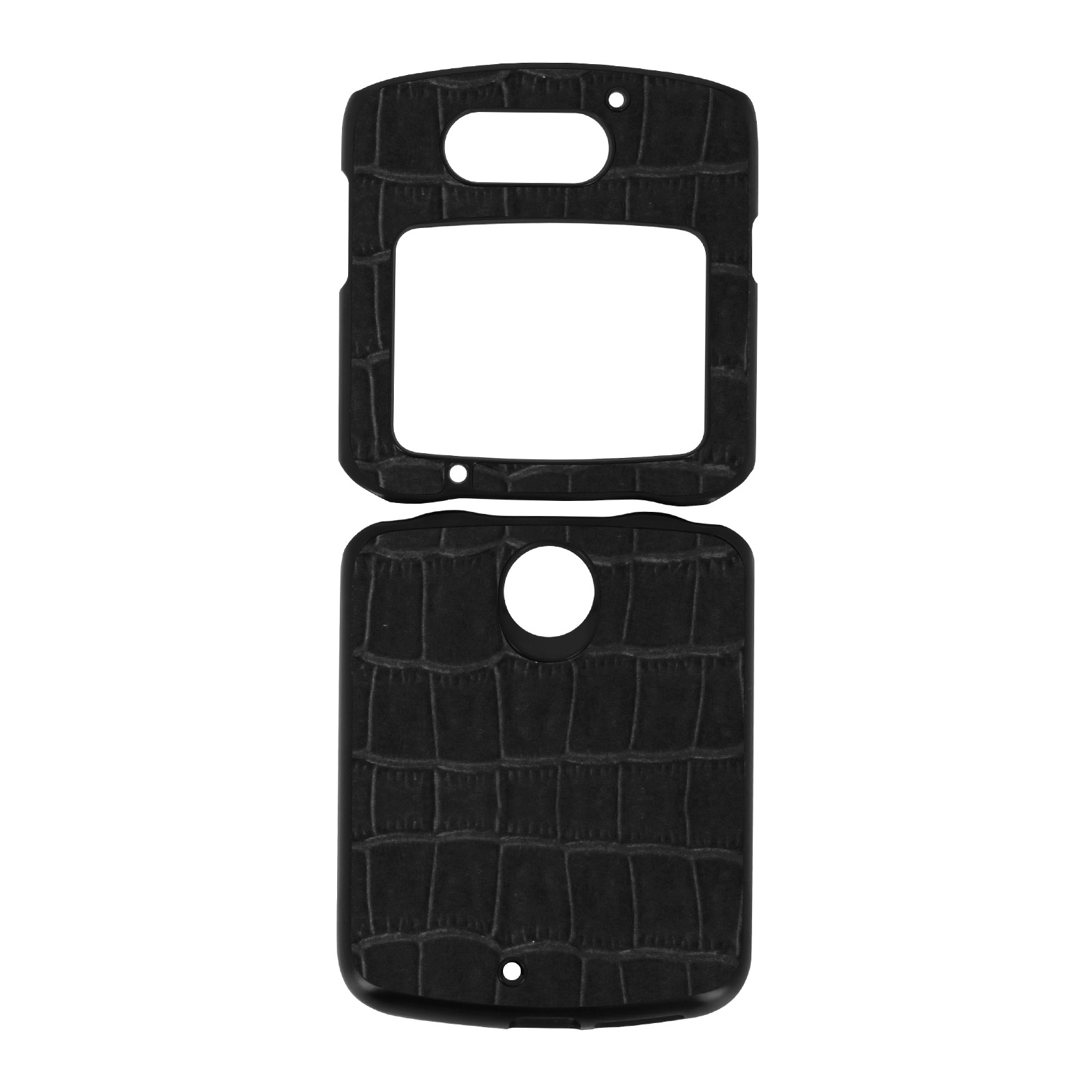 Custodia nera per telefono con texture coccodrillo. Lo sfondo è bianco.