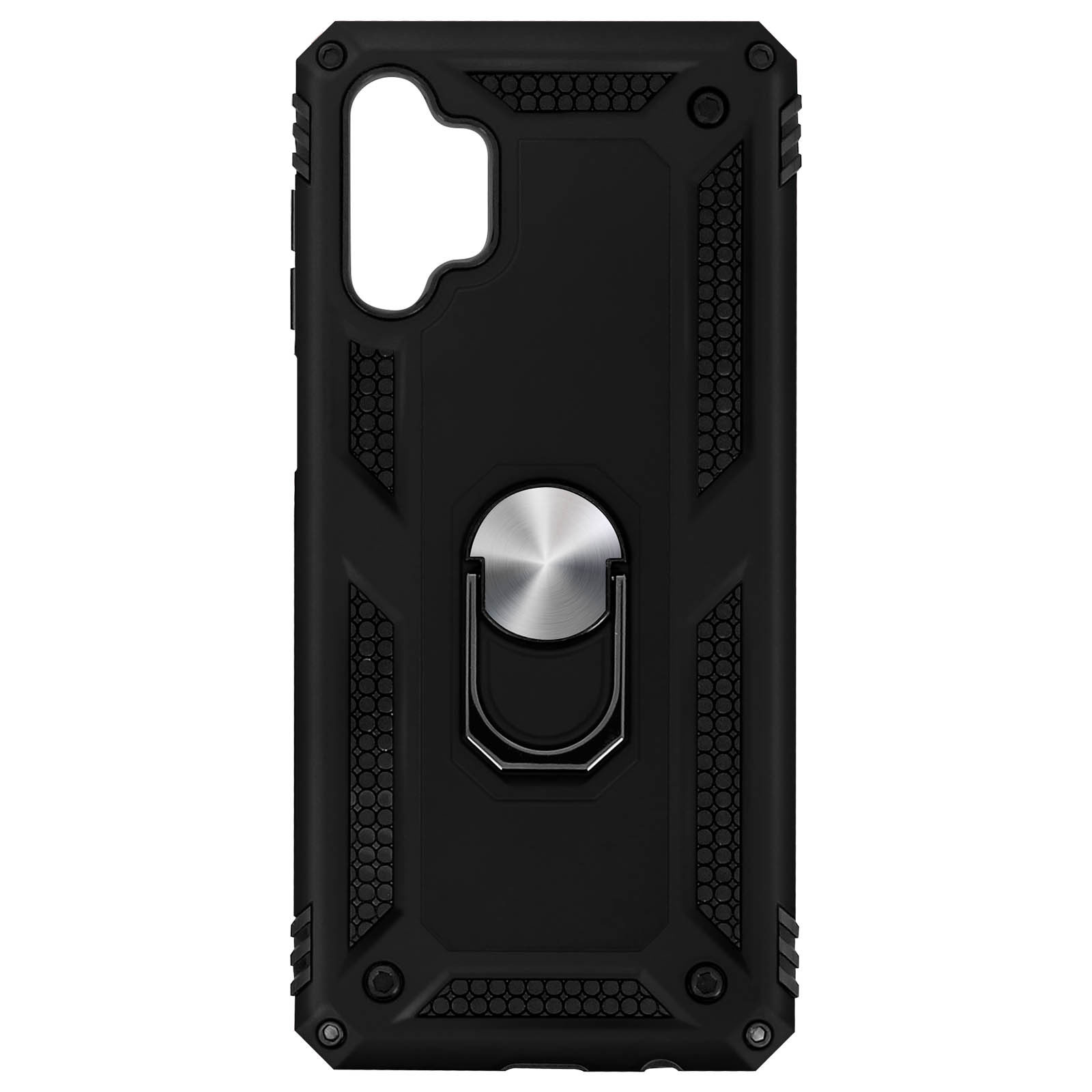 Coque de téléphone noire avec anneau argenté. Motif hexagonal avec bords surélevés, boutons noirs.