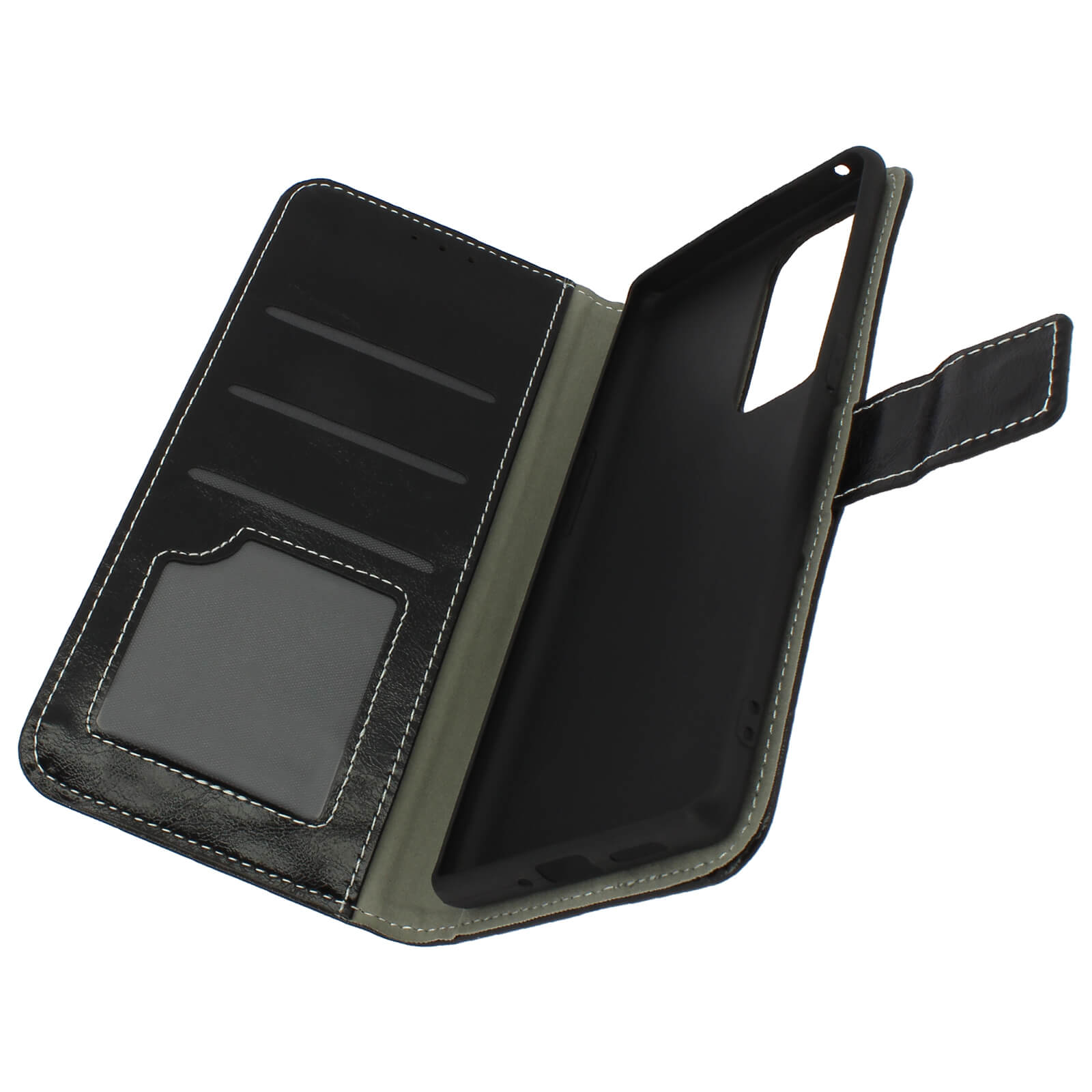 Open zwarte leren telefoonhoes met kaartsleuven en een telefoon erin.