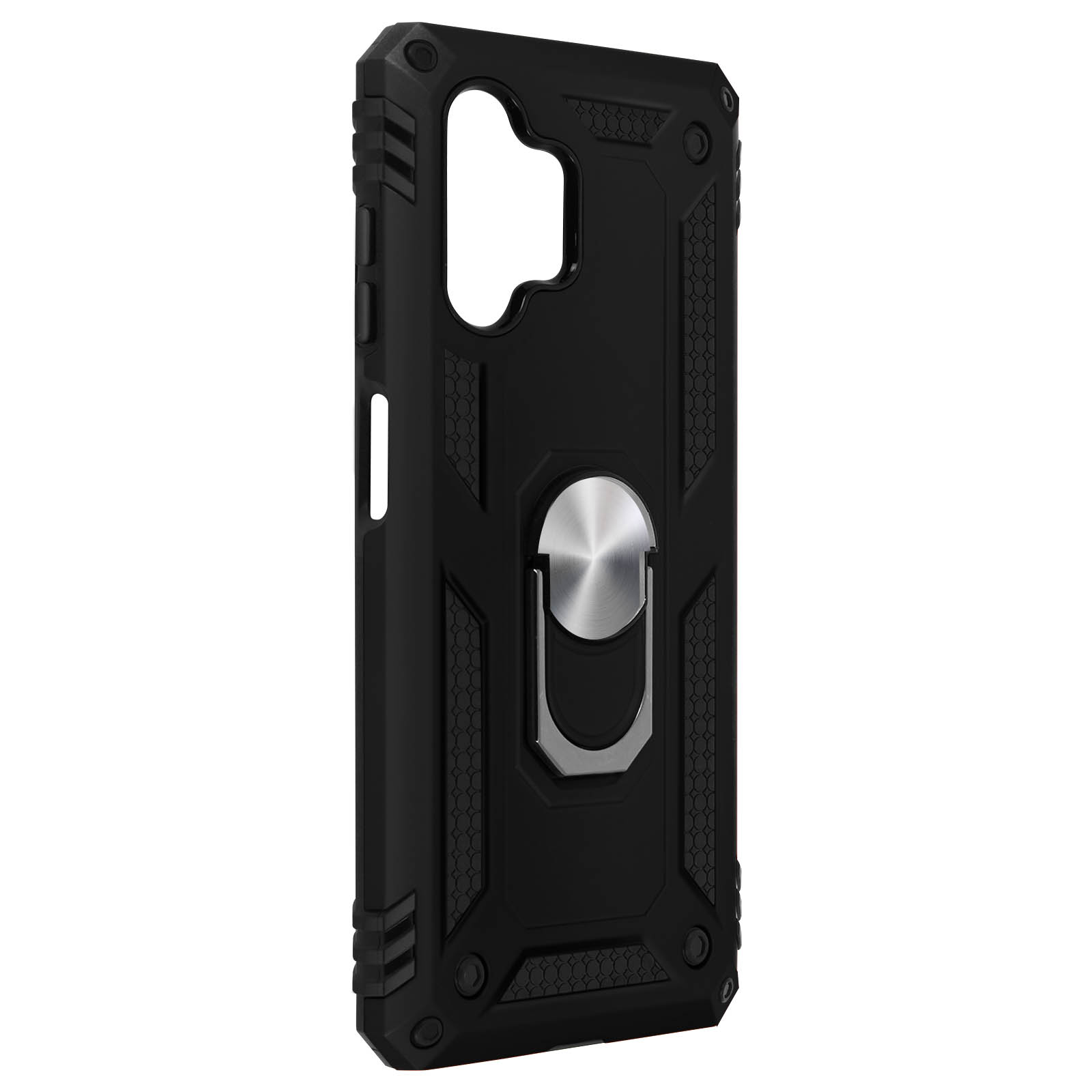 Coque de téléphone noire avec support d'anneau argenté.