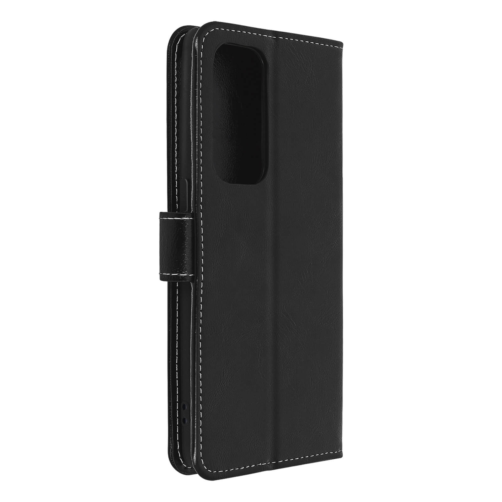 Een zwarte telefoonhoes met witte stiksels staat rechtop. De telefoon is niet zichtbaar.