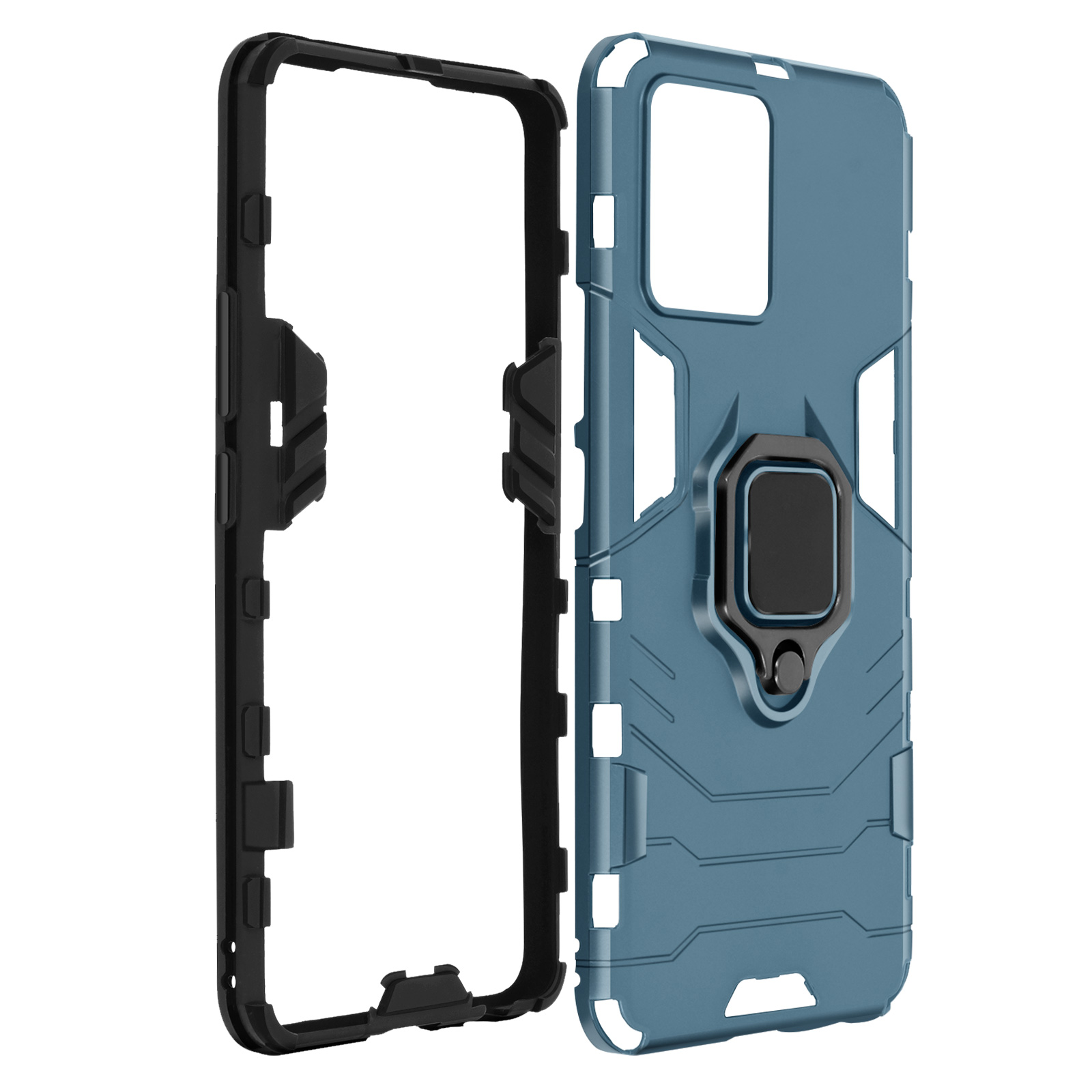 Parti di custodia per telefono blu e nera. La custodia ha un anello e un design robusto. Una parte è staccata.