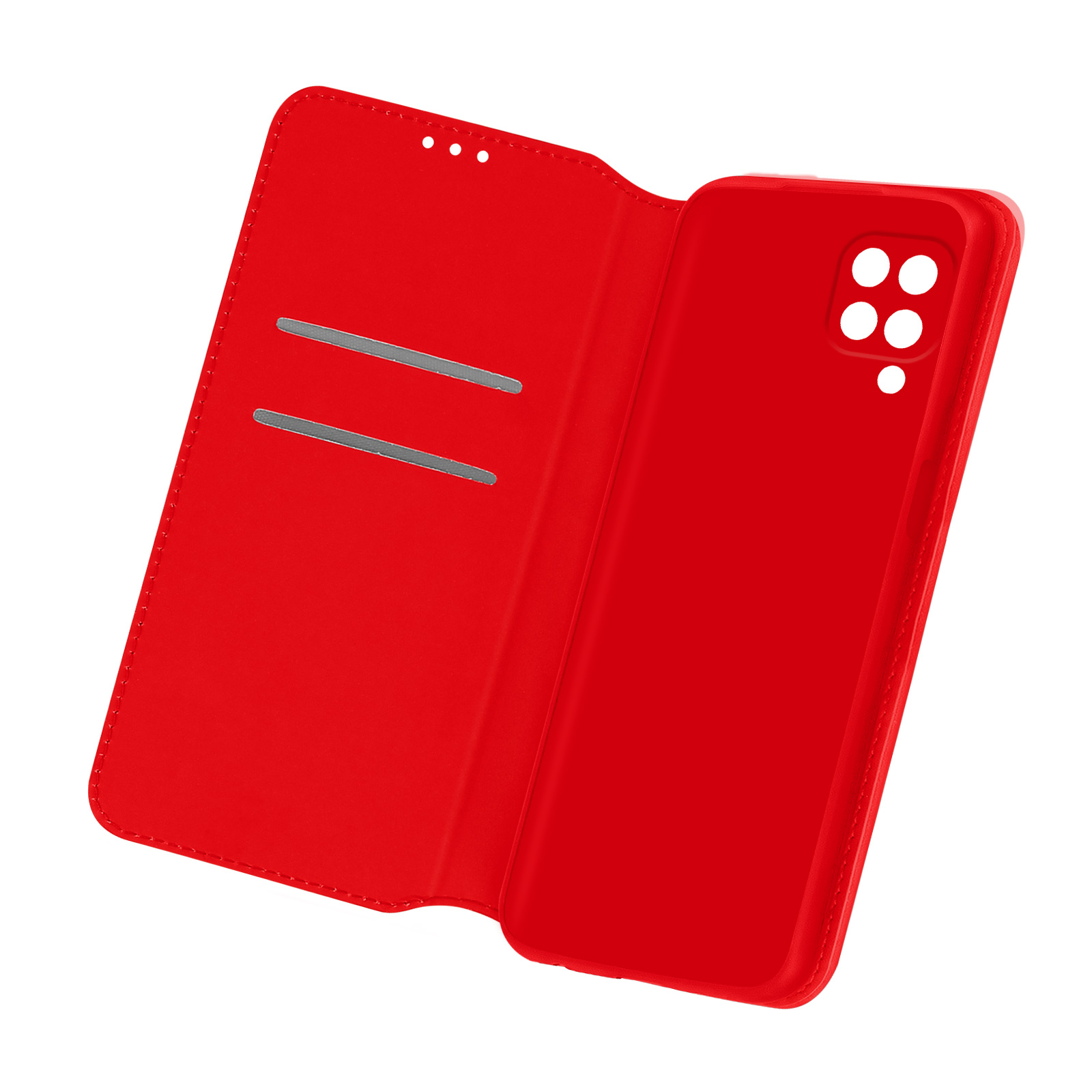 Custodia rossa, aperta, fessure per carte. Telefono non presente. Sfondo bianco.