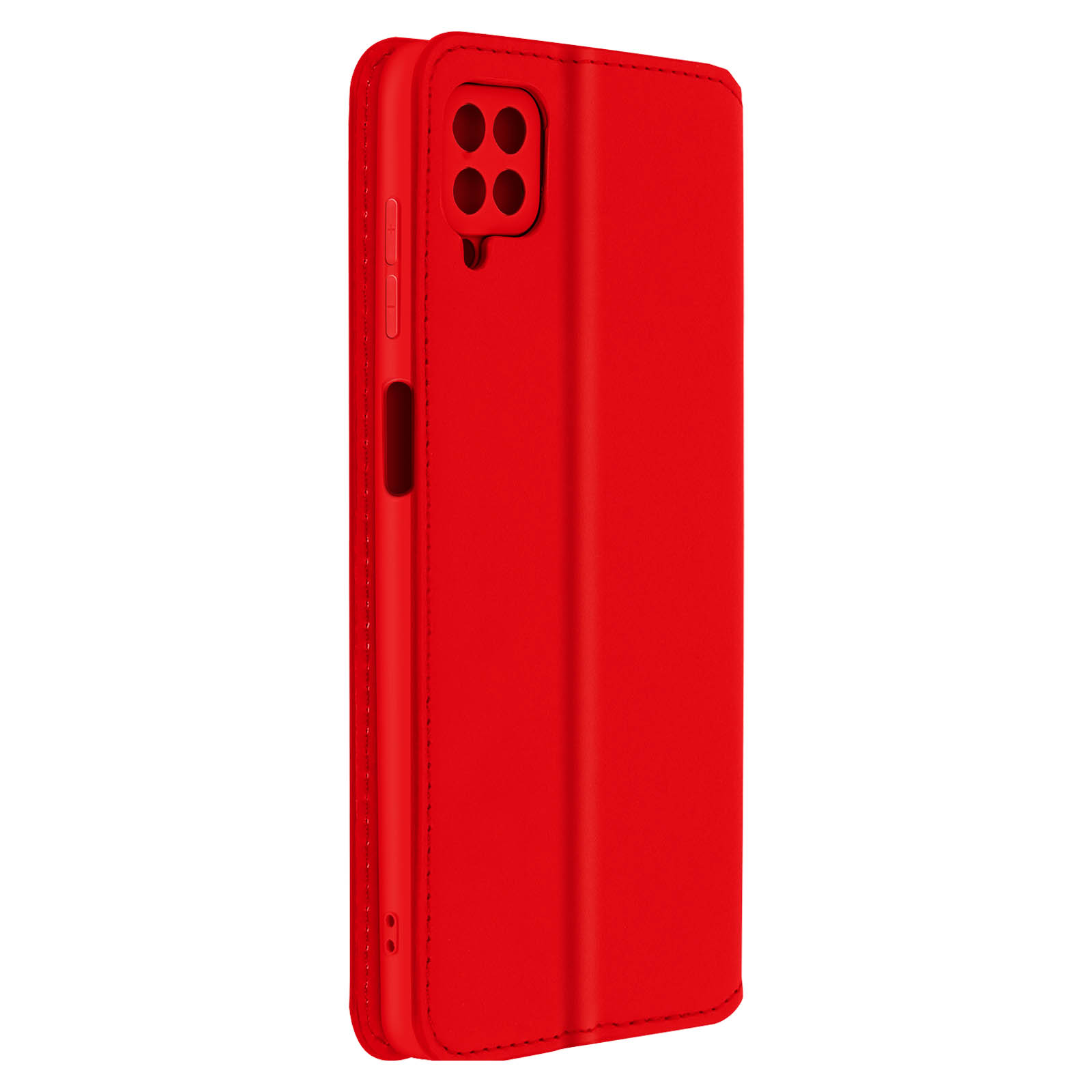 Una custodia rossa per telefono, chiusa. Mostra i ritagli della fotocamera e i pulsanti. La custodia è rosso vivo.