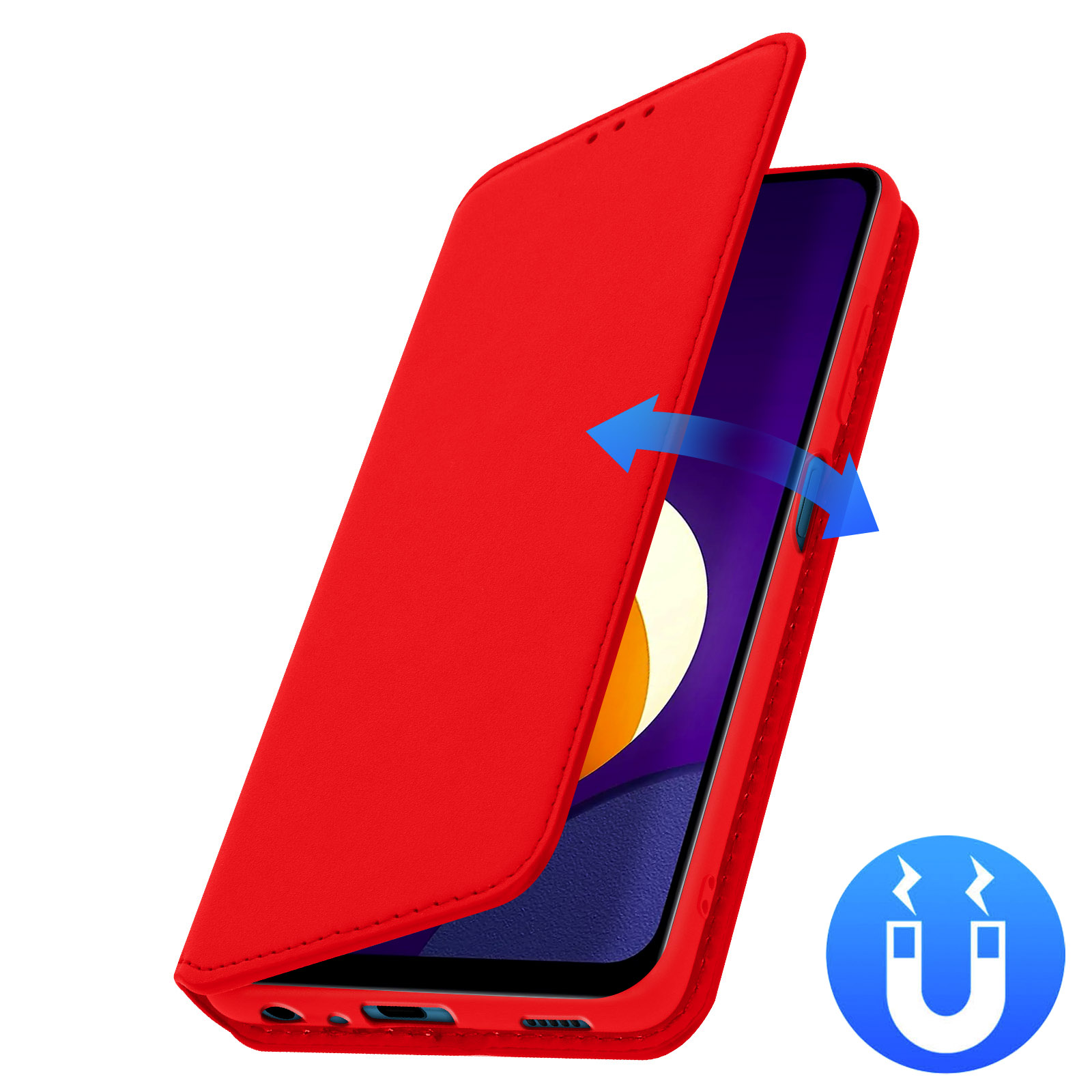 Custodia per telefono rossa con telefono all'interno. Frecce blu e simbolo magnetico.