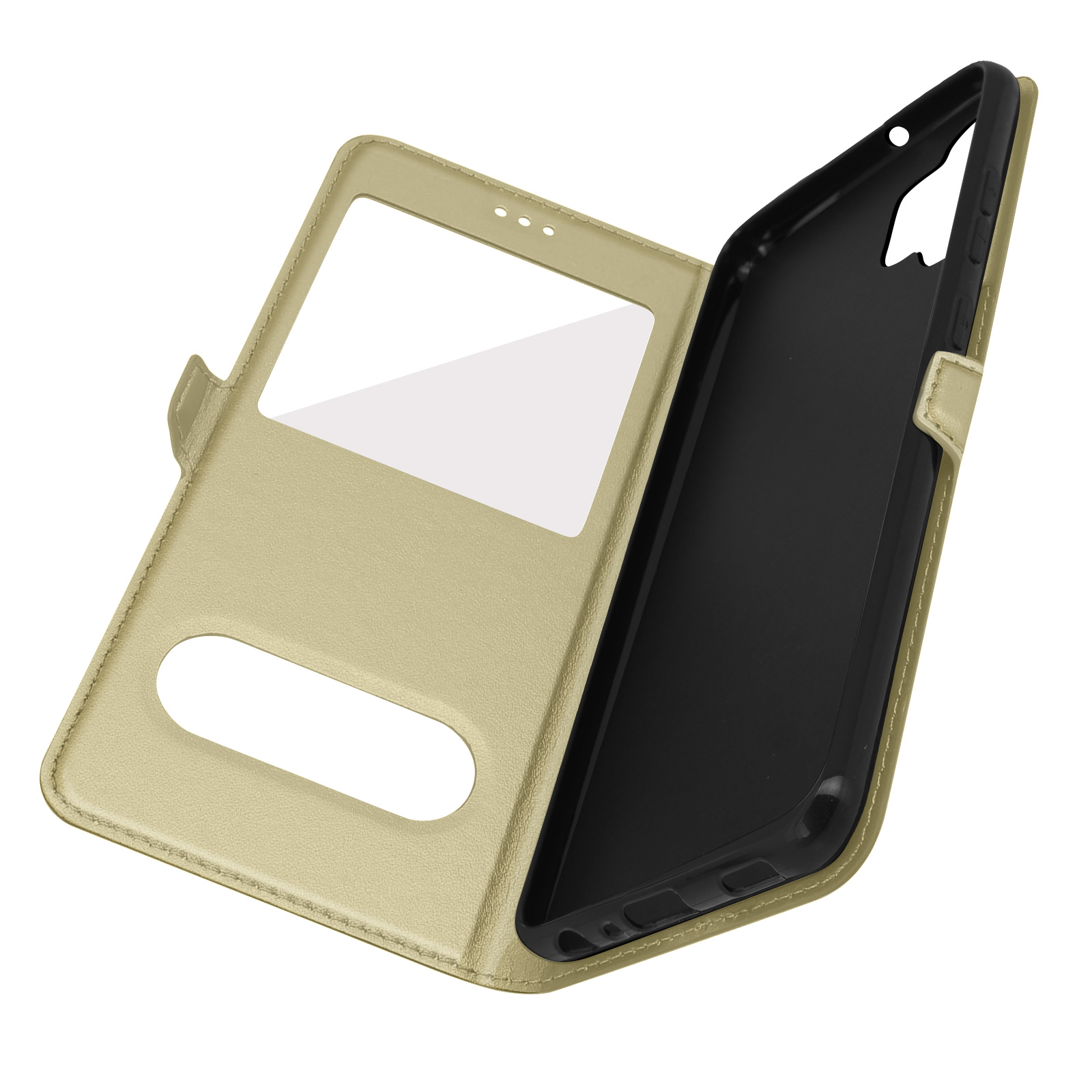 Coque de téléphone ouverte avec extérieur doré. Intérieur noir. Fond blanc.