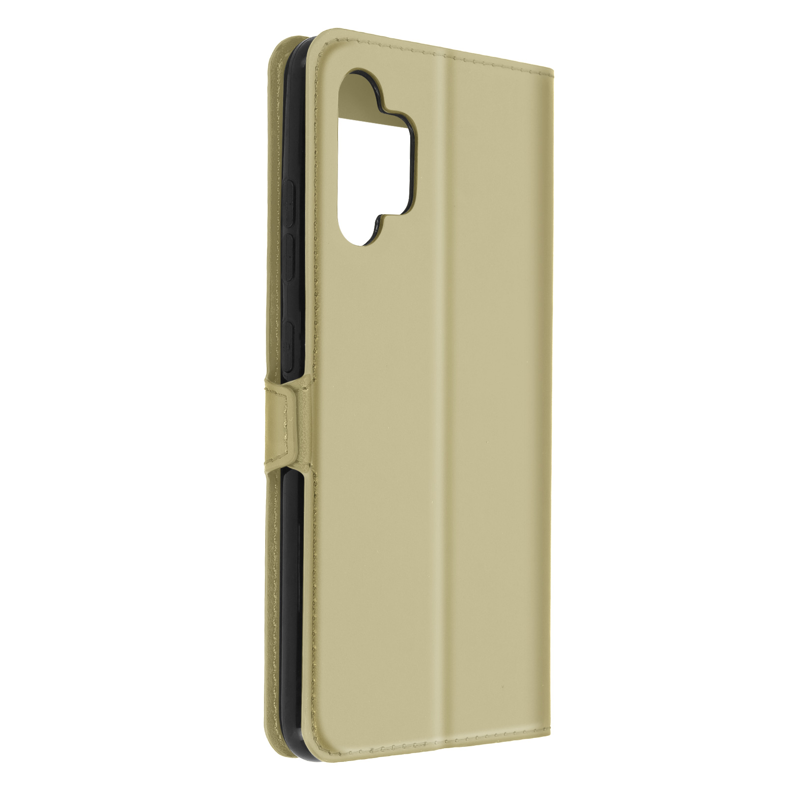 Beige telefoonhoes, gesloten, zijaanzicht, met uitsparing voor de camera.