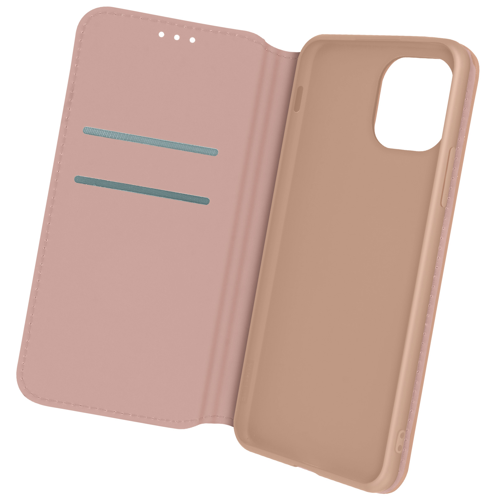 Roze telefoonhoes open. De hoes is roze. De telefoonhoes is open.