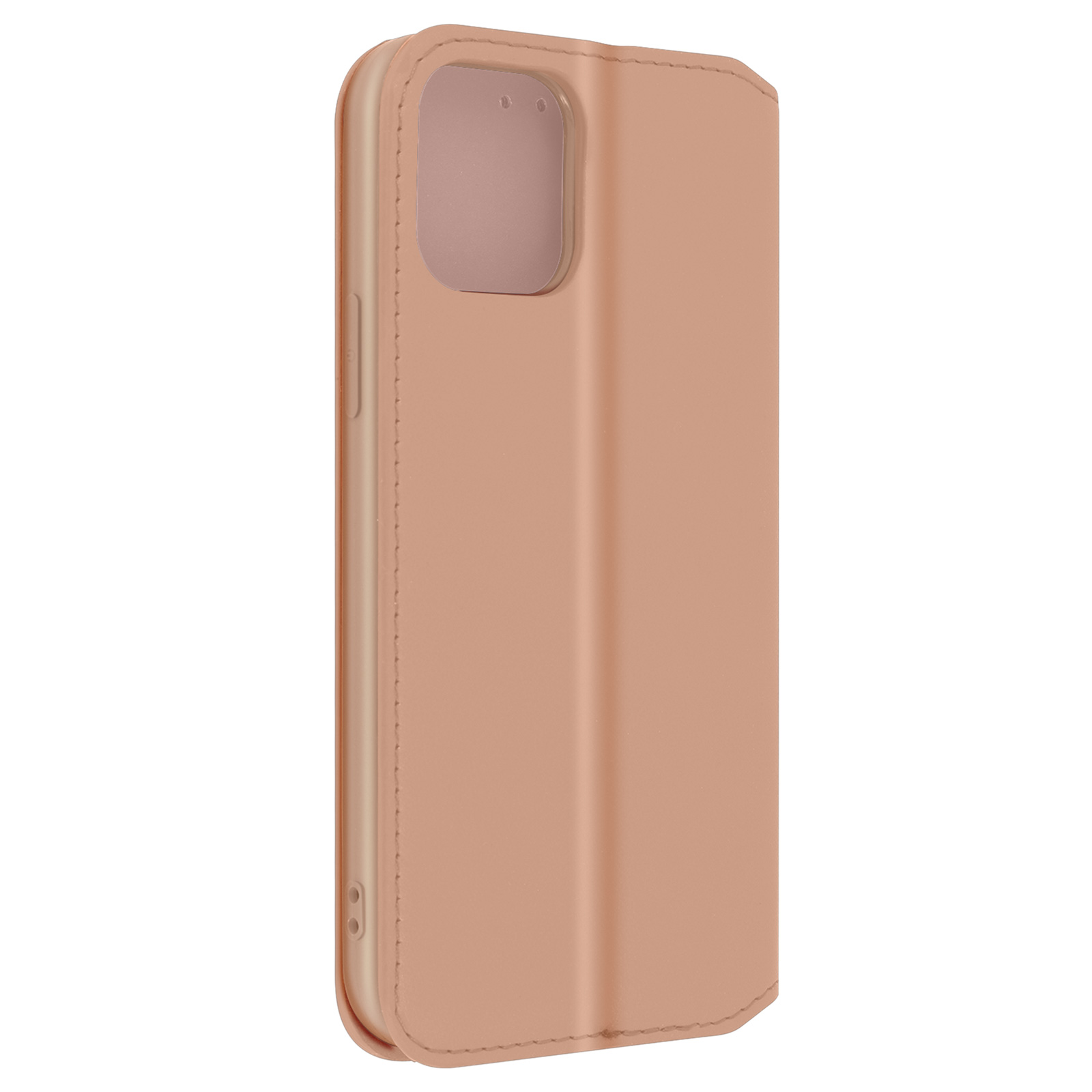 Roze telefoonhoes, schuin, met zwart interieur. De hoes ligt op een wit oppervlak.