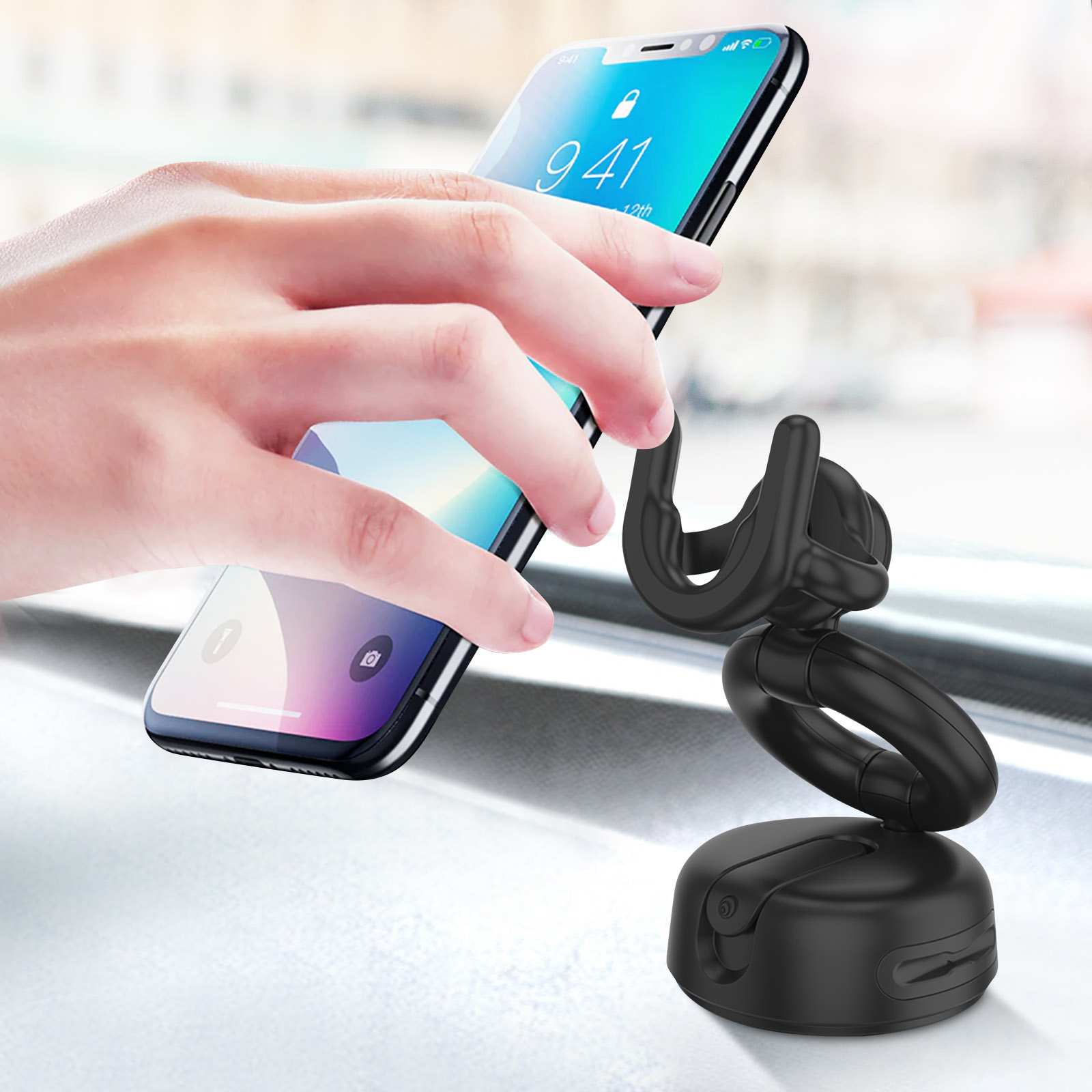Una mano che monta un telefono su un supporto per auto nero. Lo schermo del telefono è visibile.