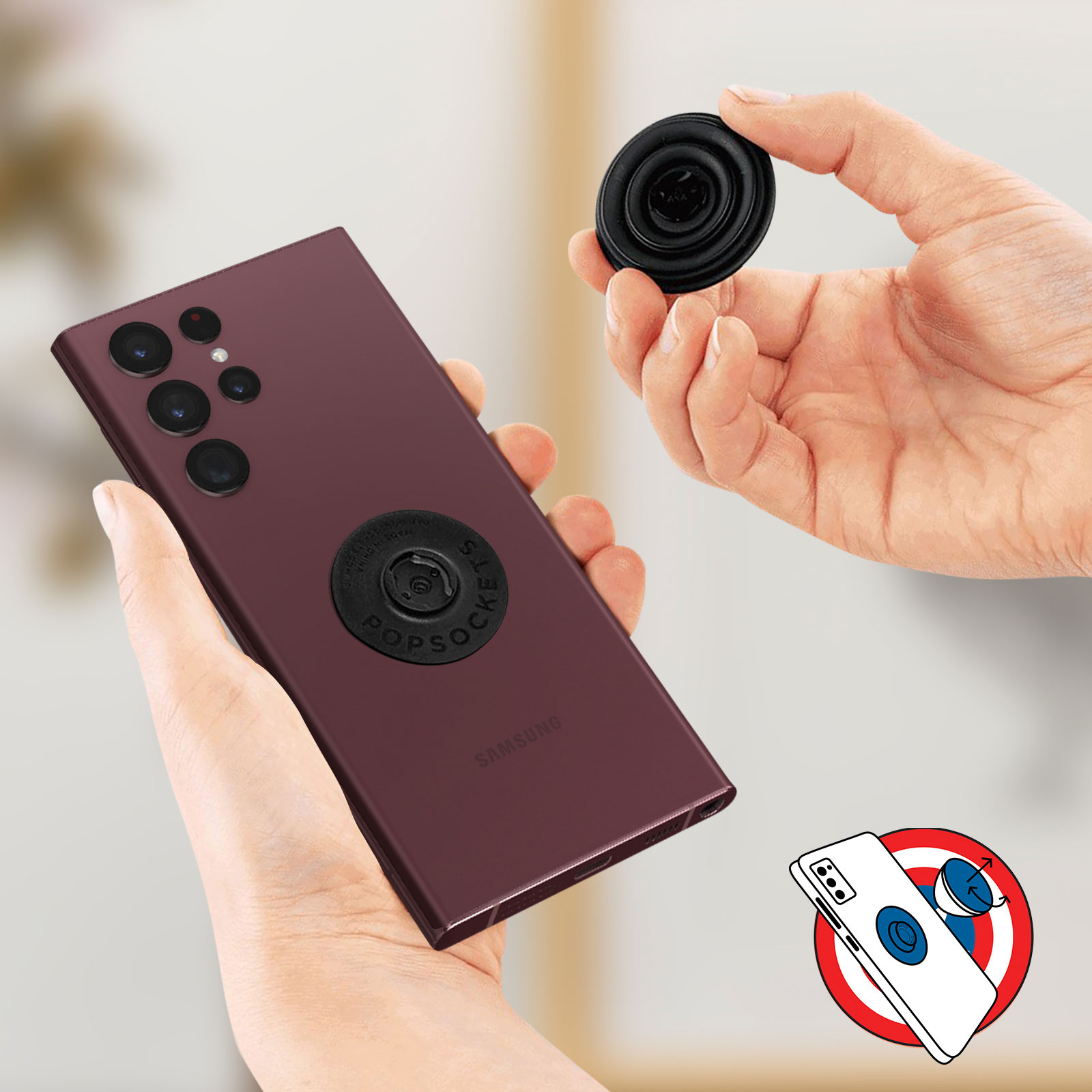 Telefon mit Pop-Socket. Hand hält Pop-Socket.