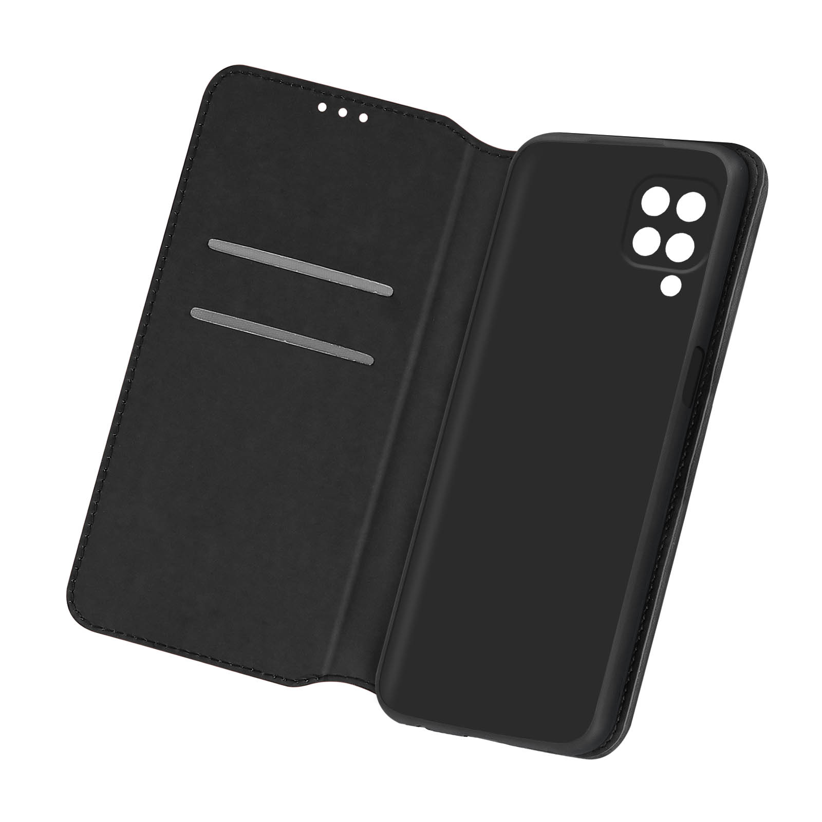Coque de téléphone noire ouverte. Un téléphone est à l'intérieur. La coque est noire.