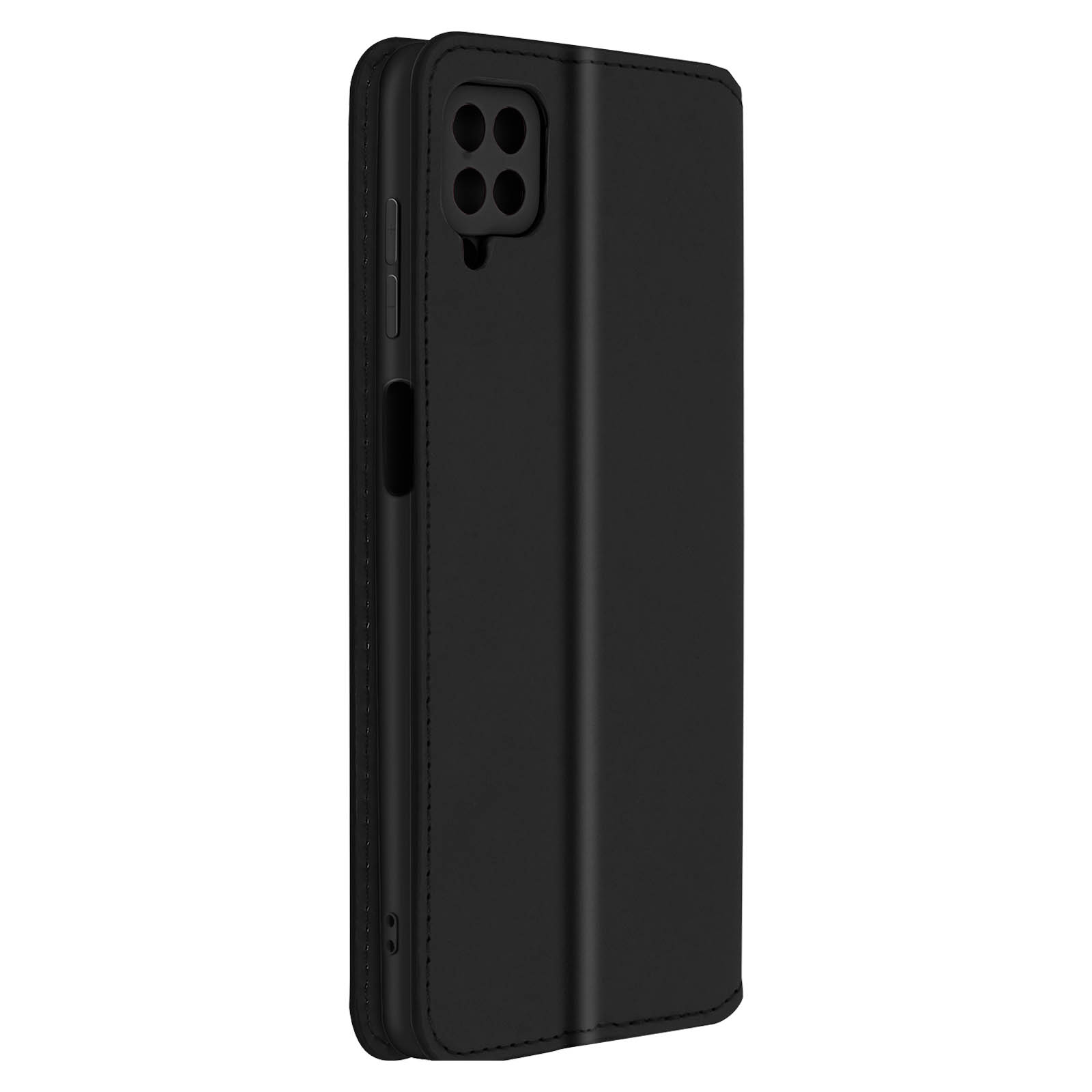 Étui de téléphone noir fermé. Zone de la caméra visible. Fond flou.