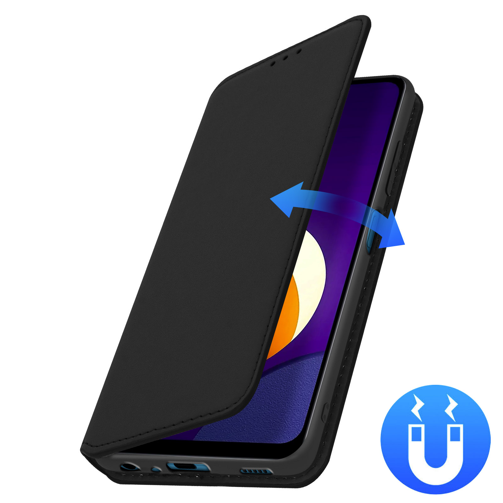 Étui de téléphone noir en cours d'ouverture, avec une flèche bleue indiquant la fermeture magnétique. Une icône d'aimant est visible.