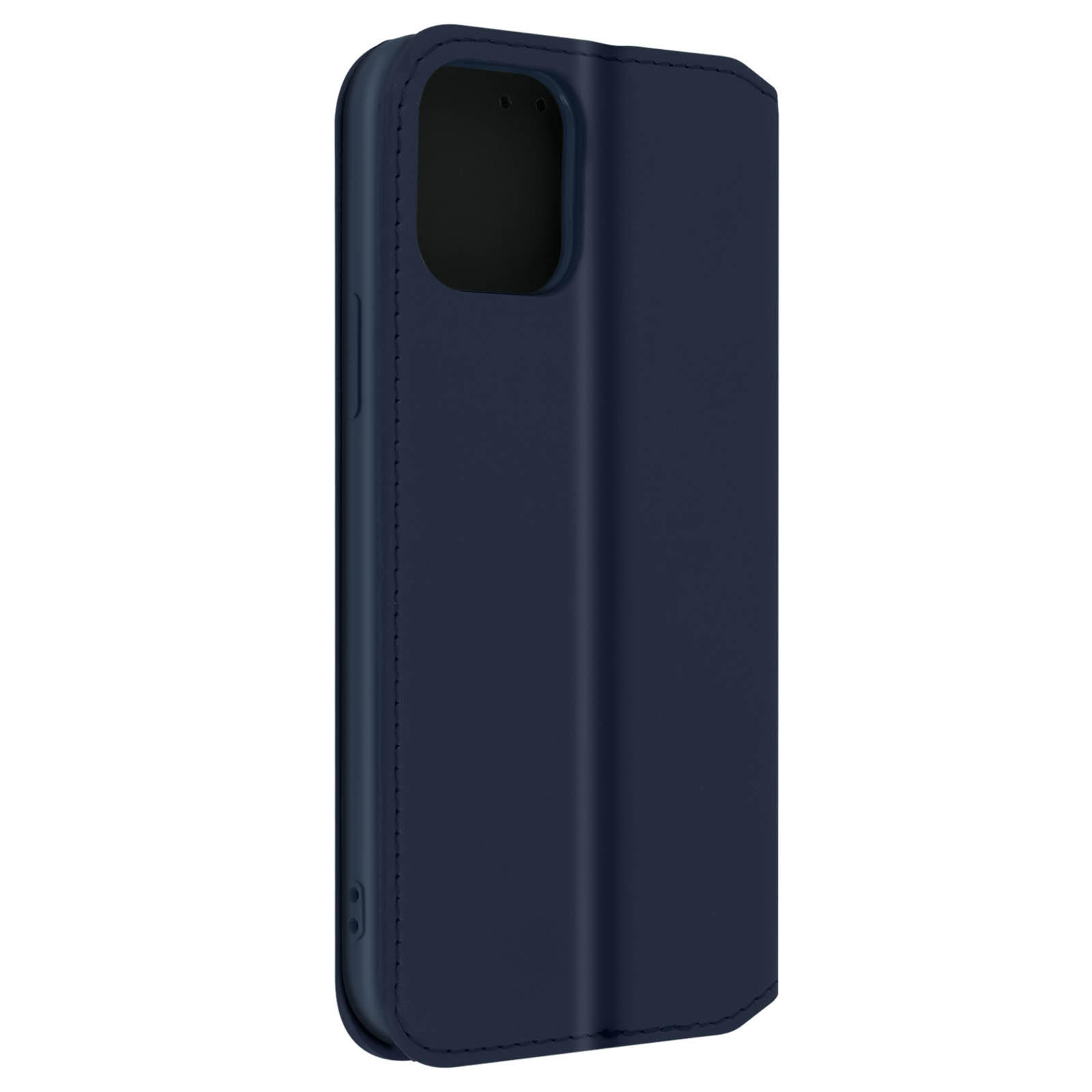 Donkerblauwe telefoonhoes, gesloten en rechtop.