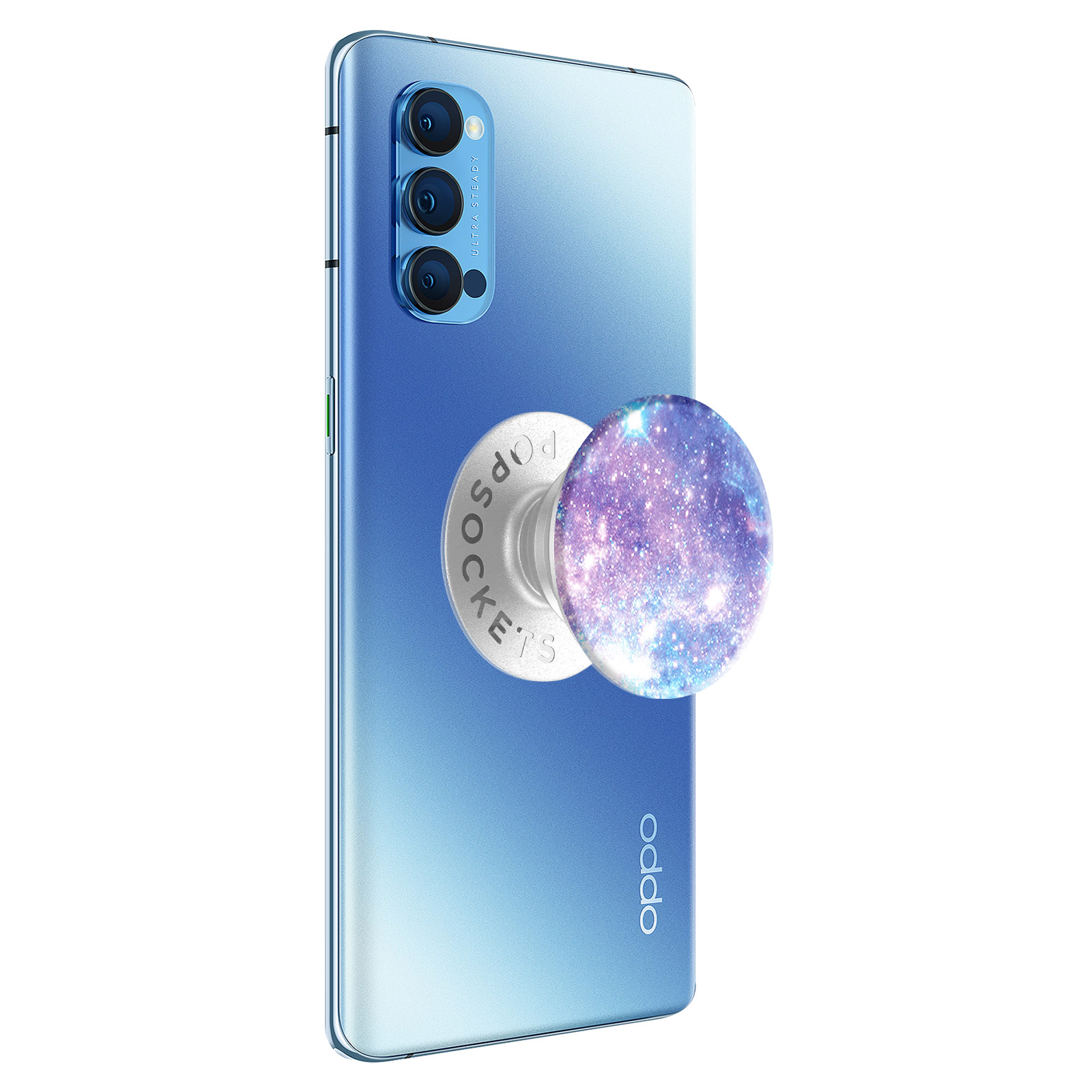 Blaues Oppo-Telefon mit PopSockets-Griff, verziert mit einem Galaxien-Design, wird gezeigt.