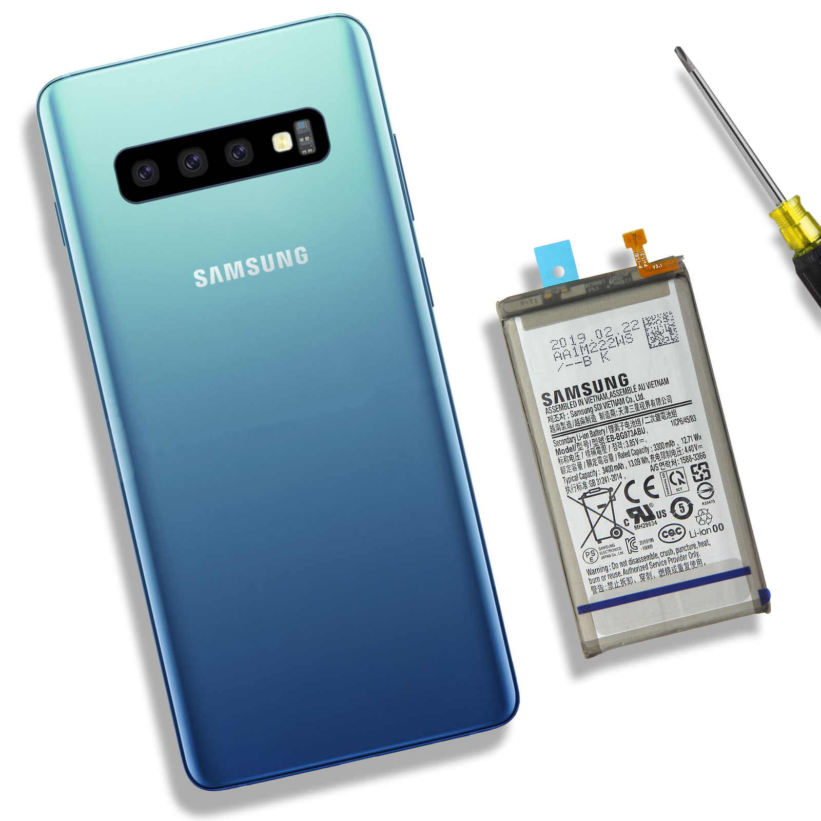 Blau-grünes Telefon mit Akku und Schraubendreher. Samsung-Logo sichtbar.