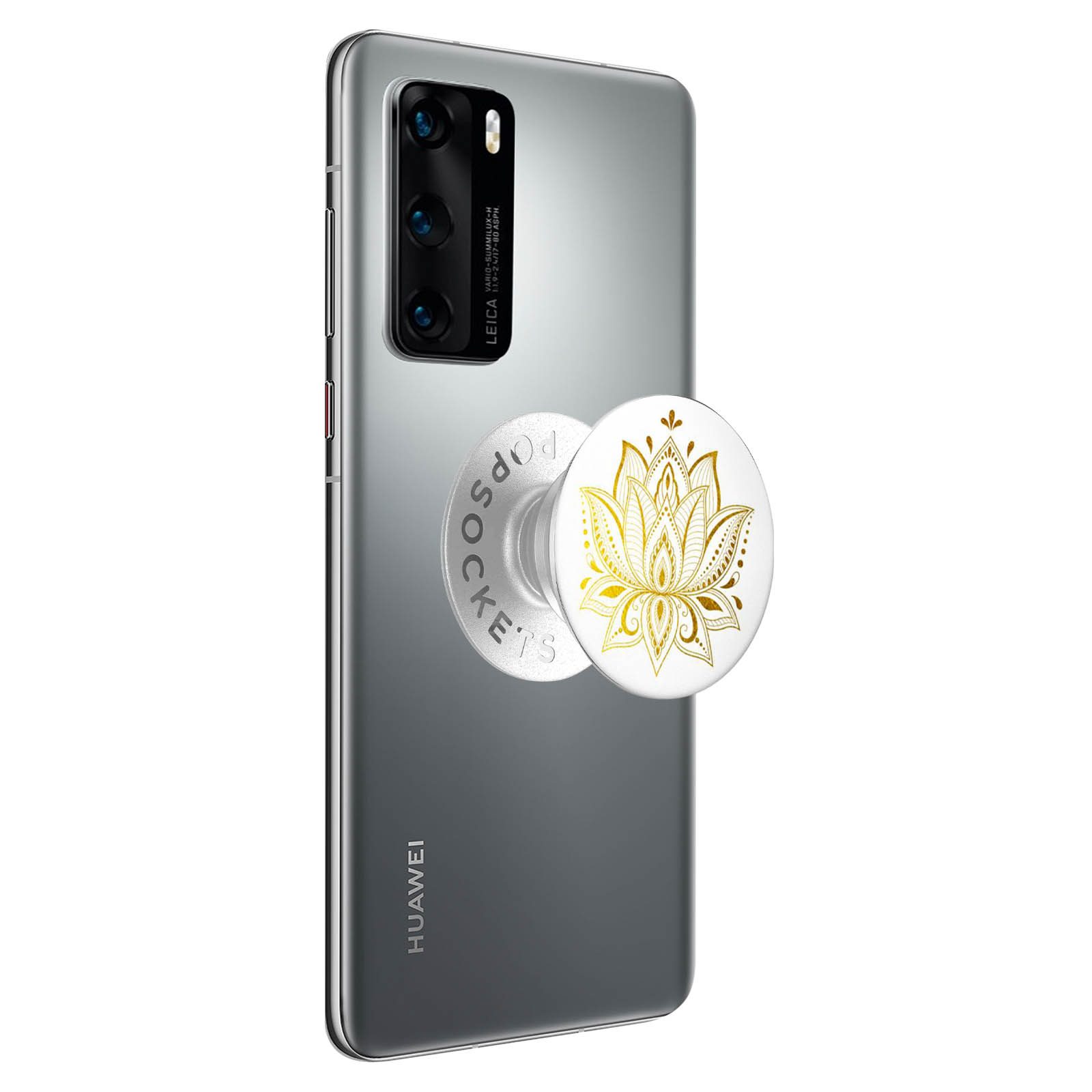 Graues Telefon mit einem goldenen Lotus-Popsocket.