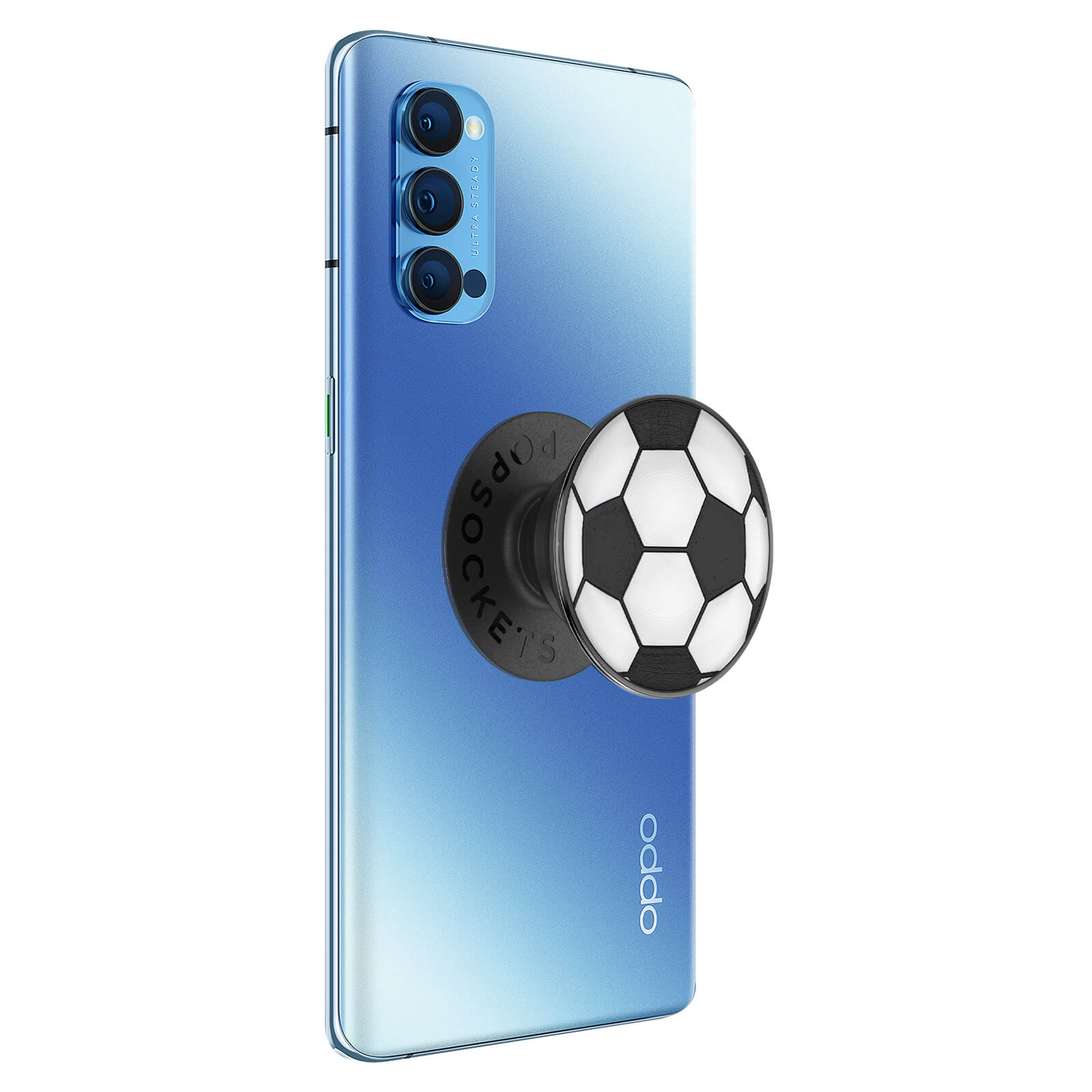 Blaues Telefon mit einem Fußball-Pop-Socket. Das Telefon steht auf einer weißen Oberfläche.