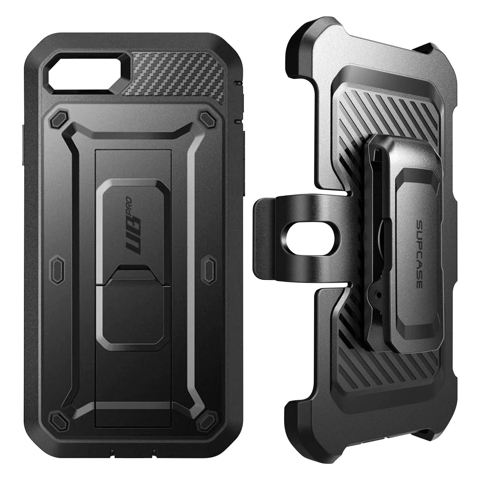 Custodia per telefono nera con clip da cintura. La custodia ha un design robusto.